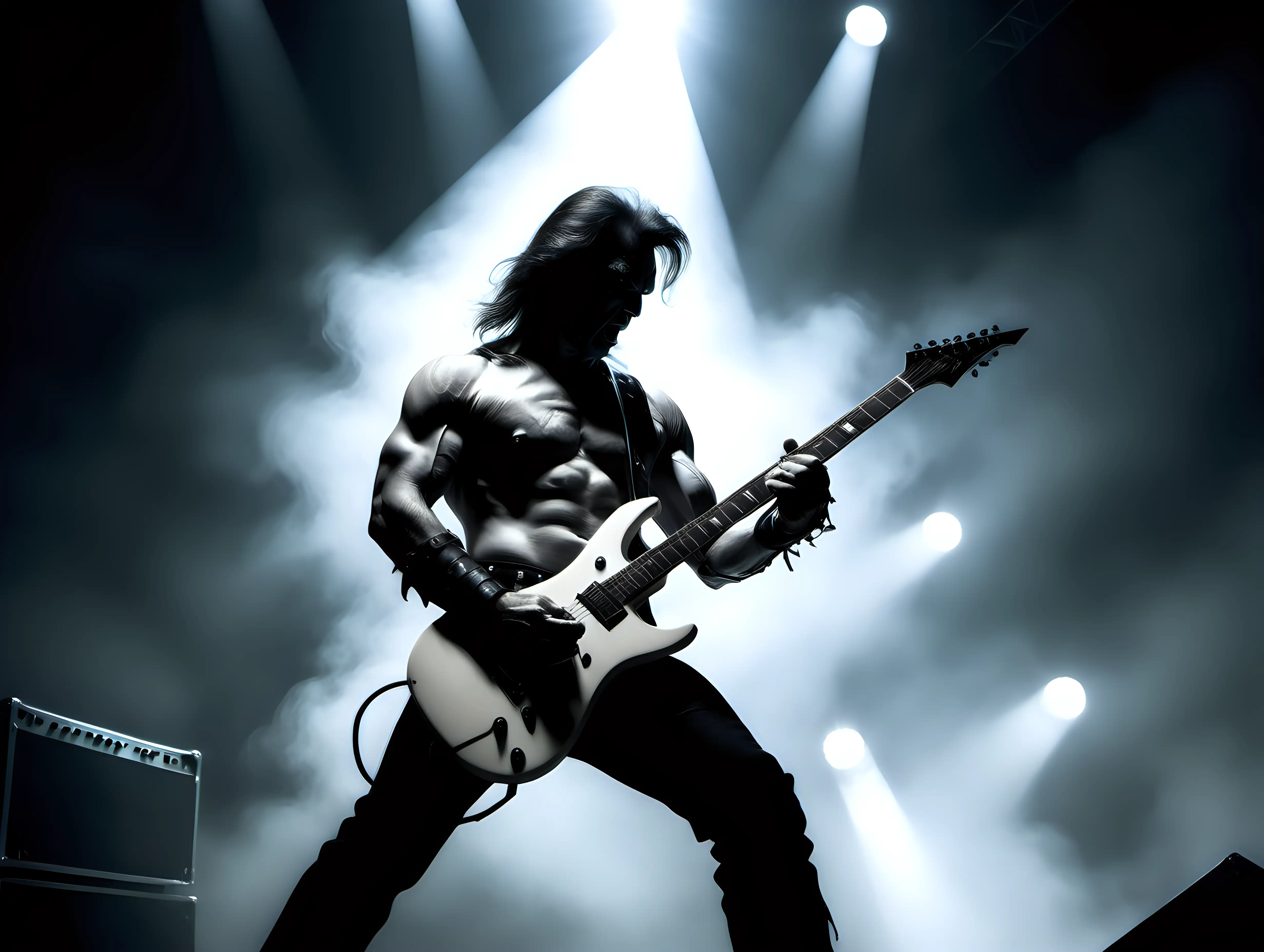 Heavy metal guitarist soloing on stage with white light coming from behind  Frank Frazetta style