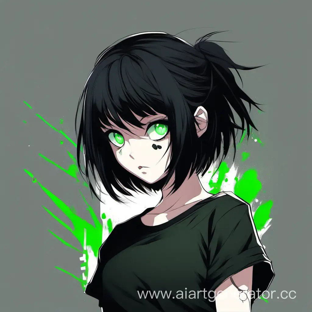 painted girl, black short hair, black T-shirt, big green eyes, big bruises under her eyes, looks very tired, gamer, loves anime, minimalism