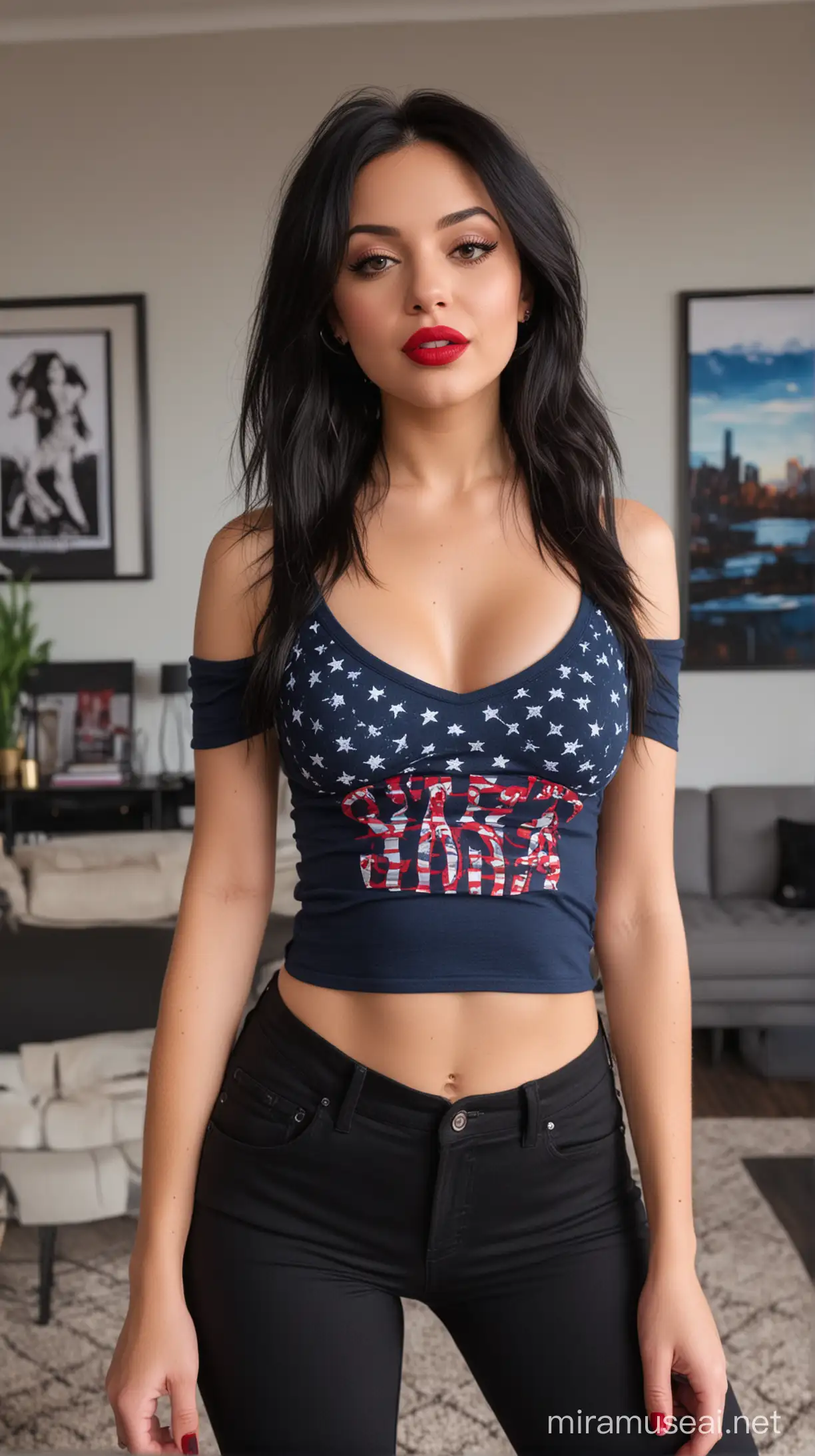 4k Ai art front view beautiful USA girl black hair red lipstick nose ring ear tops black trousers and black pink line shirt and blue bra in Usa penthouse living room