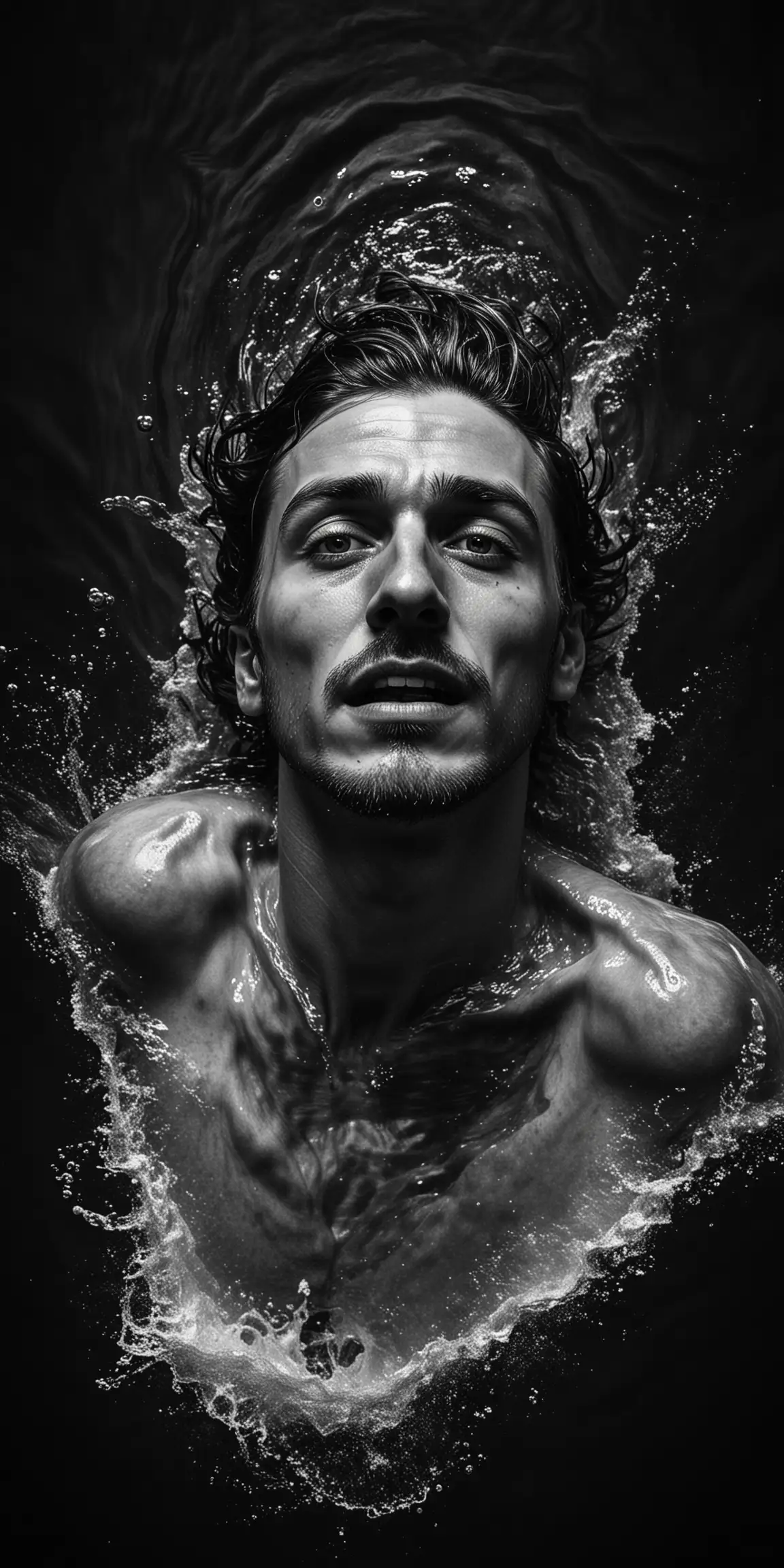 photo shot from above, man drowning, distorted, portrait, horrifying high contrast, black and white, fine detail, black background