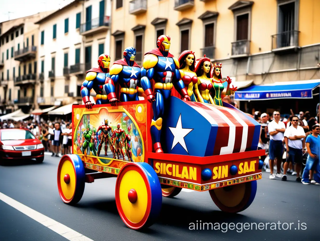 along a street,  traditional Sicilian parade float carnival cart huge cartoon three  marvel heroes   above robots anthropomorphic men and women , wheels , cart , photograph