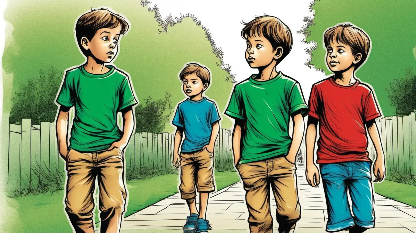 illustrate ten years old three boys, one of them wearing green shirt the other one wearing red t-shirt and other wearing blue shirt, walking outside and thinking