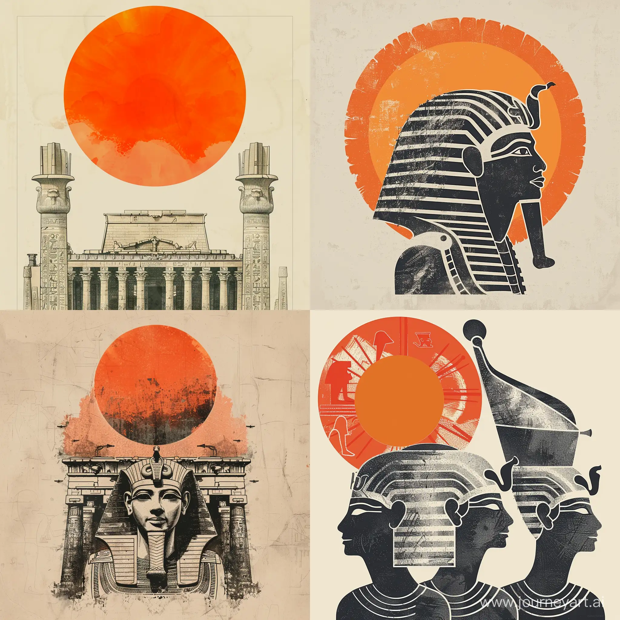 Graphic drawing of the Pharaonic civilization with an orange sun