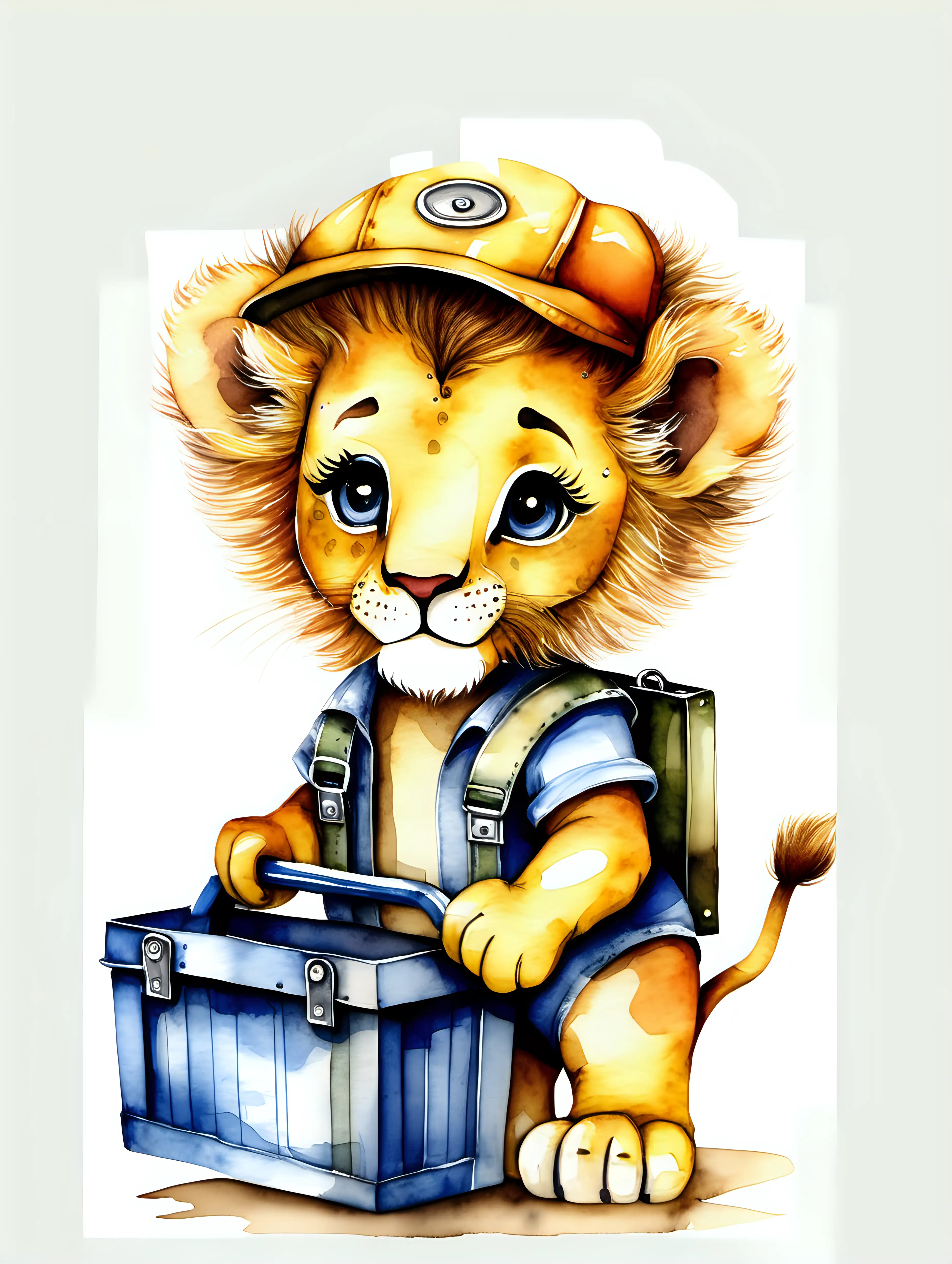 Adorable baby lion dressed carrying toolbox, watercolour