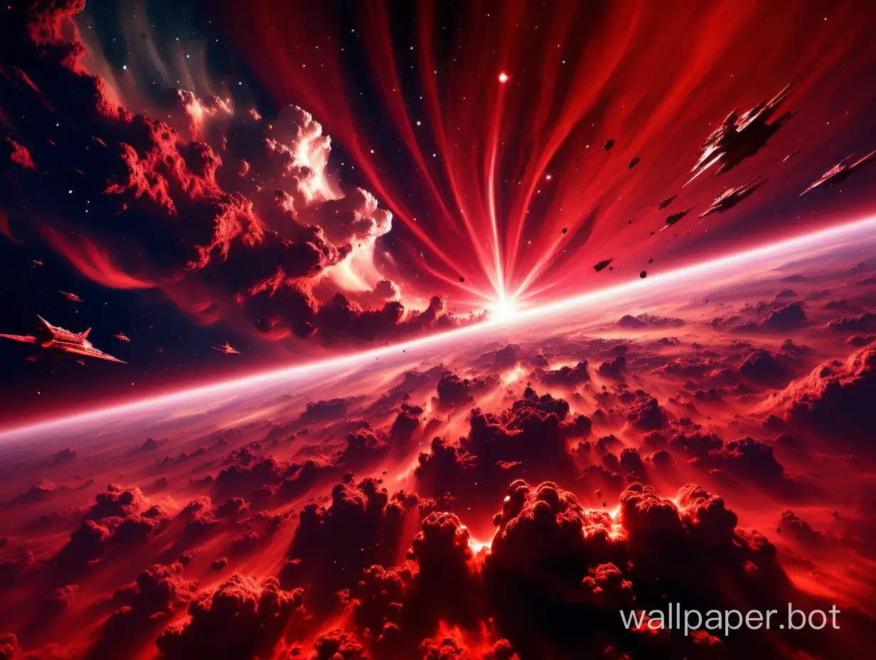 Scarlet clouds. Future. Cosmic war. Red colors. Star collapse.