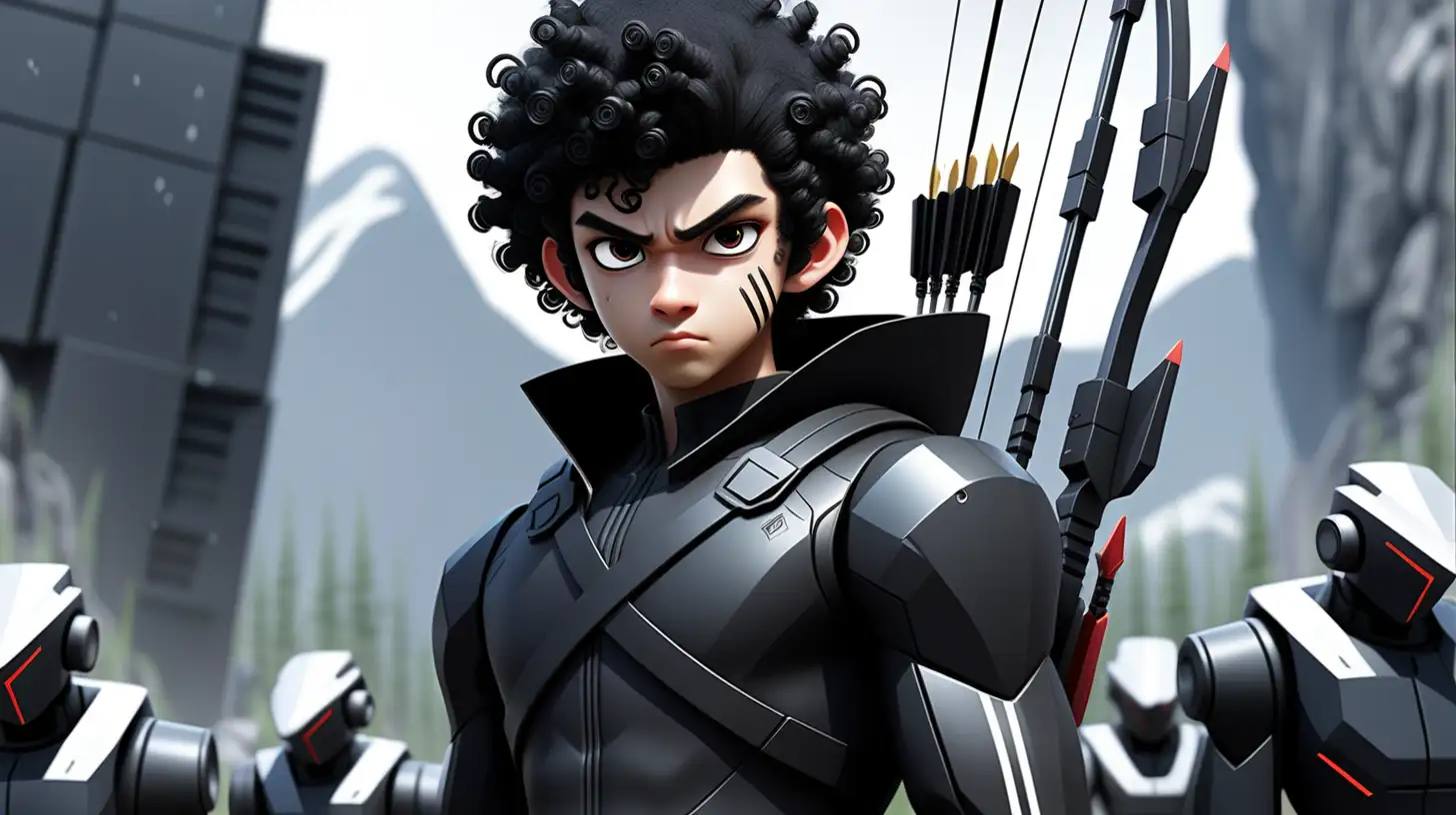 2d, anime, asian male, age 21, black curly hair, emo, thick black eyebrows, dark eyes, wearing black clothes with one white stripe, In a dystopian mountain, Logan 5, a defiant hero, confronts a relentless horde of robot enforcers. Armed with futuristic bow and arrow and acrobatic prowess, he battles robots, street view