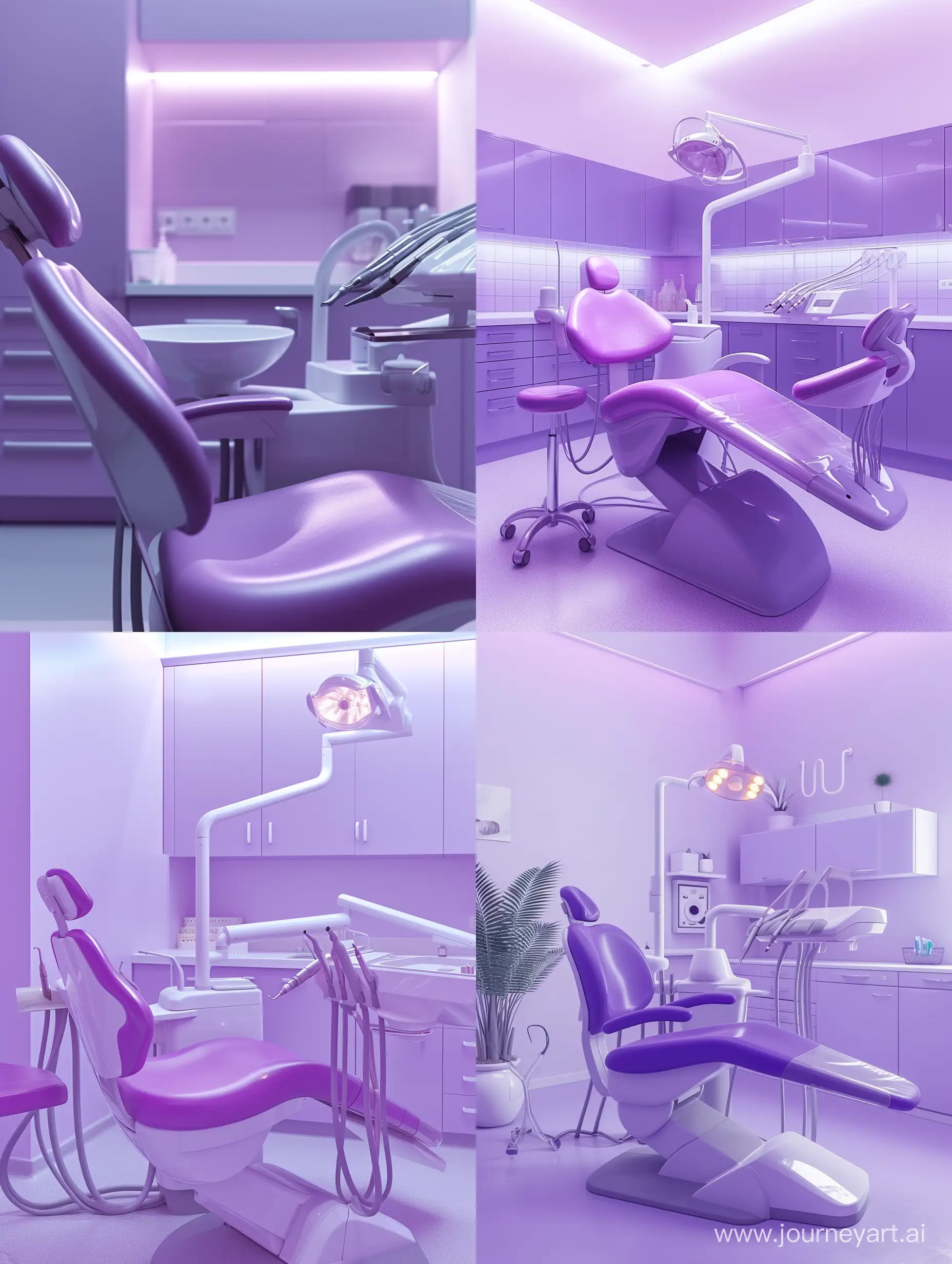 a purple neat dental clinic in a minimal background. light. detail. 4k. real.