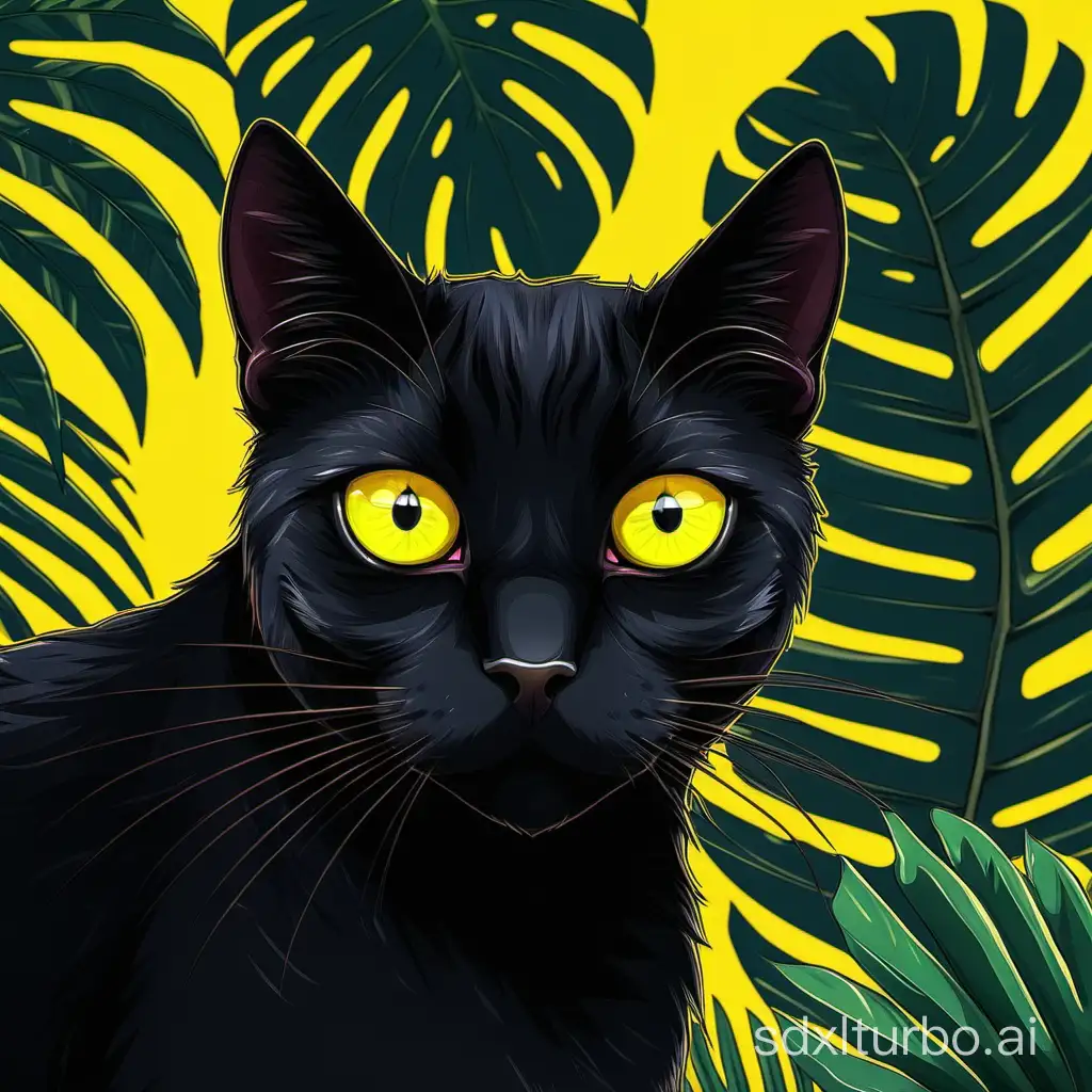 Black-Cat-with-Yellow-Eyes-in-Tropical-Jungle