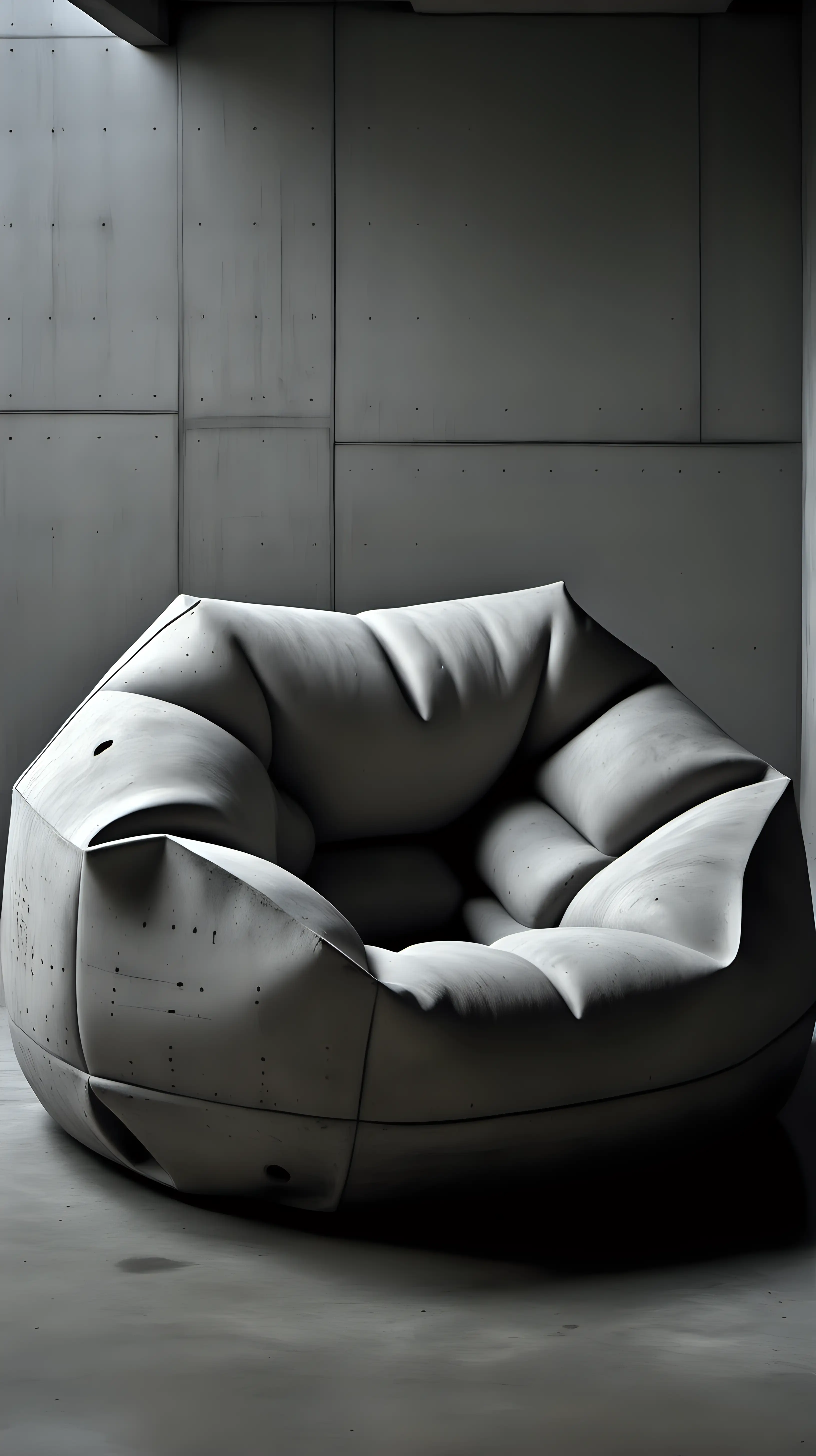 Brutalist Beanbag, a beanbag made of concrete, Brutalist architectural style, stark, utilitarian 