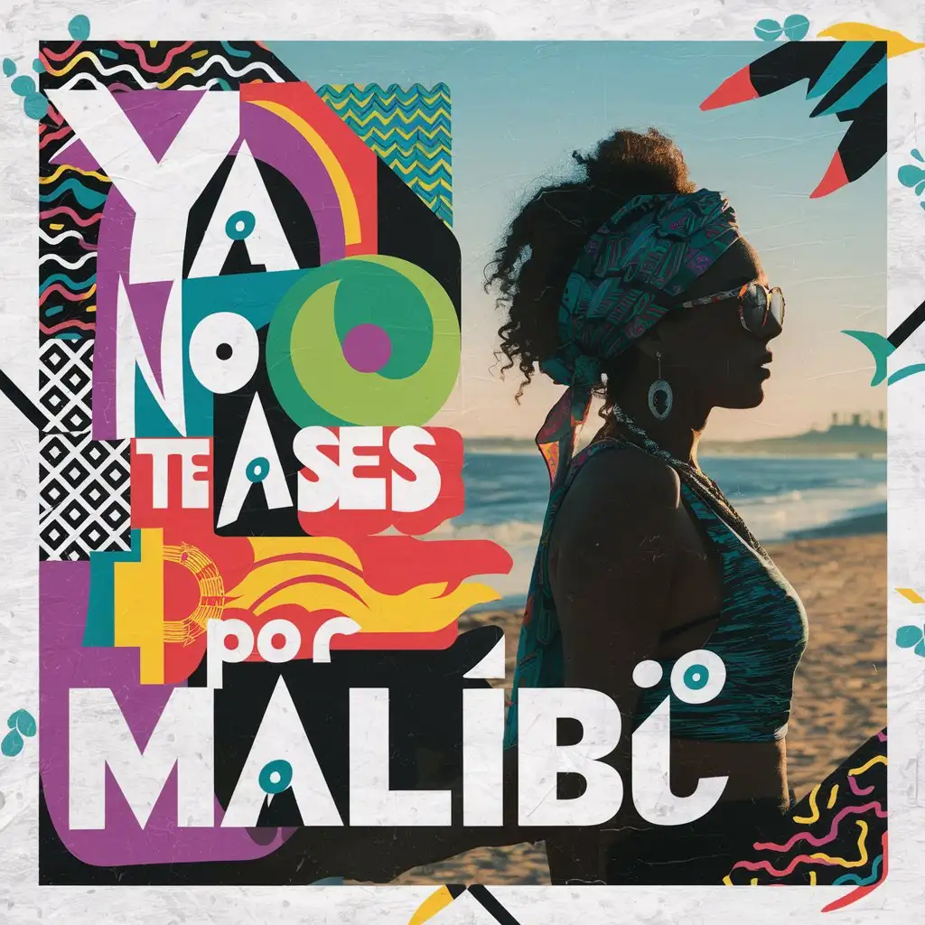 Genera una portada de un single con título 'Ya no te pases por Malibú' con un estilo ecléctico
