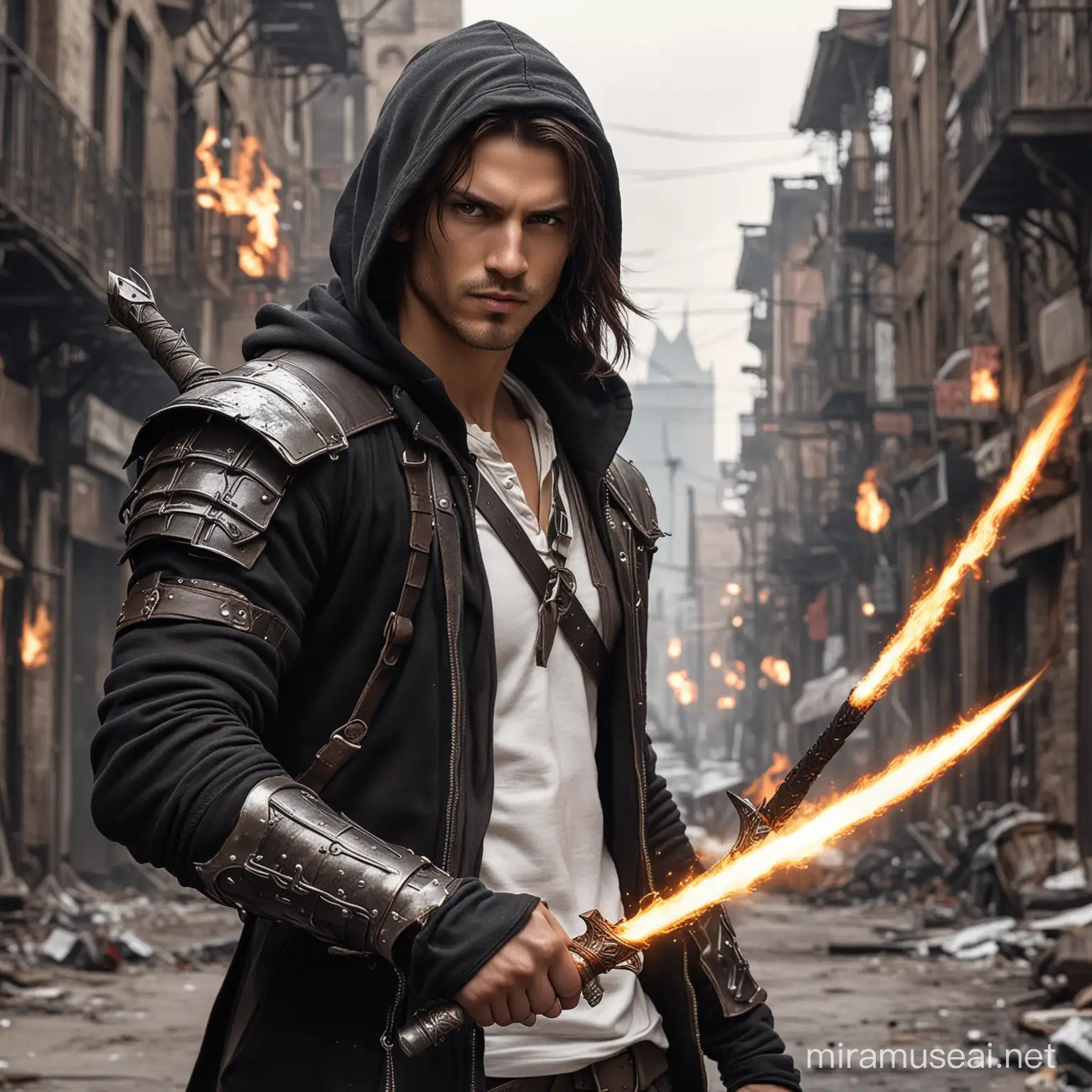 A fire mage, wielding flames,slim, but slightly muscly male, tall, dark brown hair, strong jaw, light hazel eyes, handsome young, hoodie made with balck and which lines, bullet proof vest in white color blacks strong lins on it standing in a post apocalyptic city, holding one flaming excalibur sword, flames around him.
