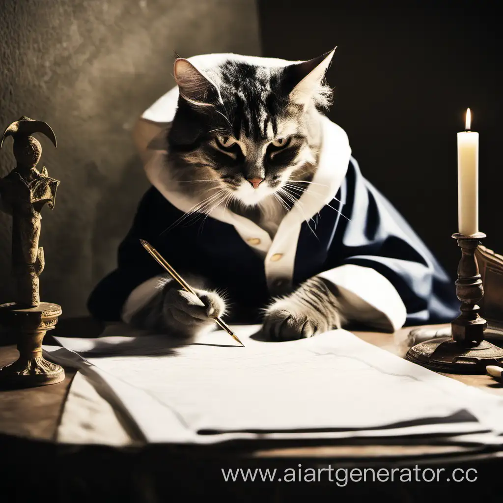 Кот сидит в мантии магистра и пишет на листке