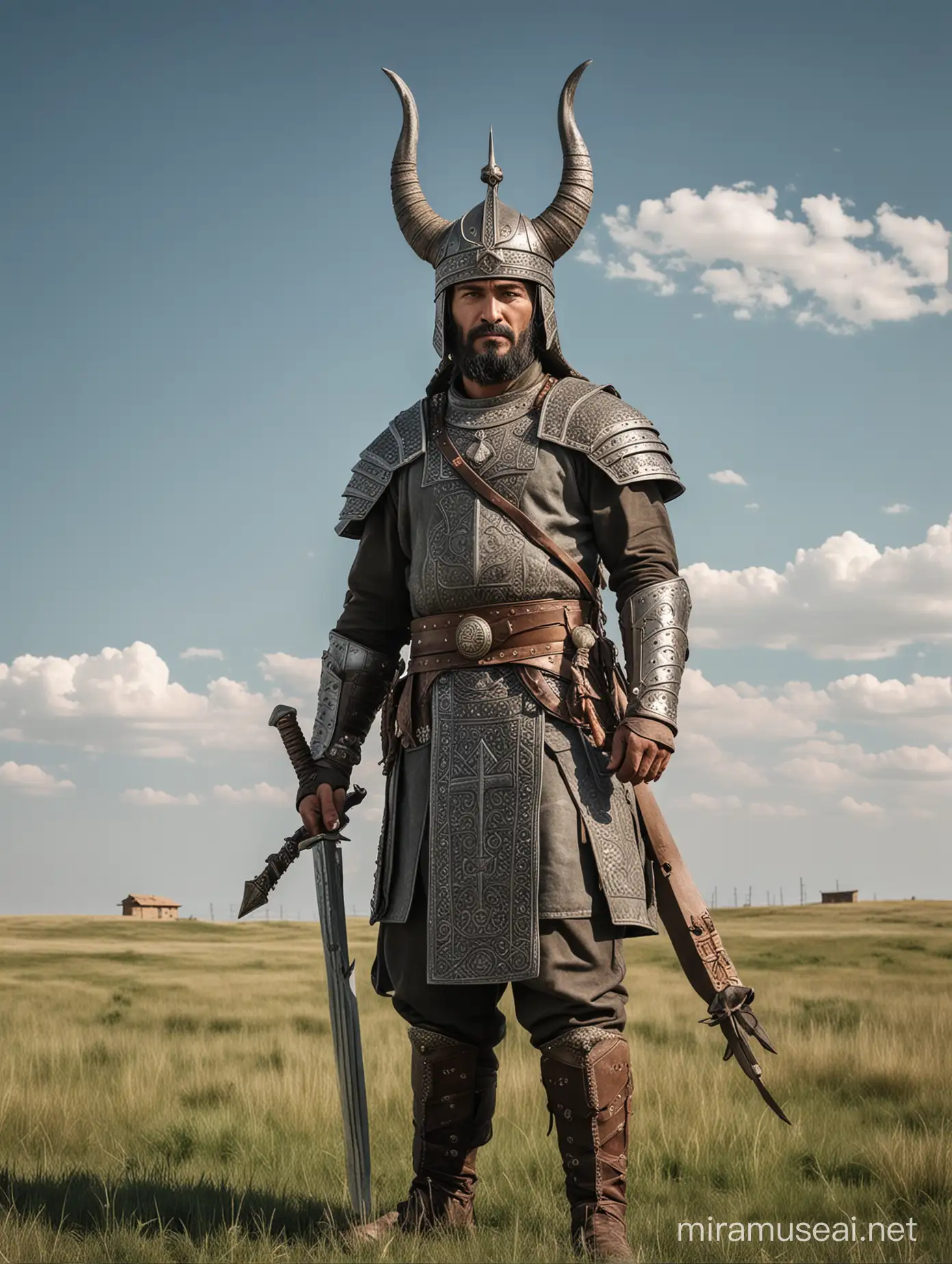 Ancient Turkic king wearing his horned helmet, big girdle with three crosses on it, holding his sword by scabbard in his right hand. He is standing on a flat grassland under a clear sky.