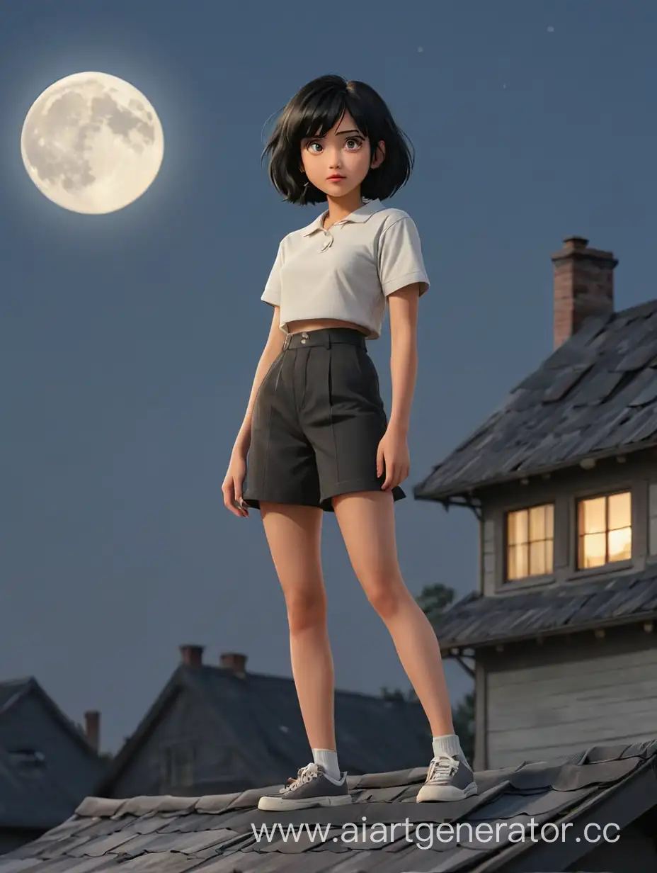 Девушка,с черными волосами ,каре,стоит на крыше дома,арт, и смотрит вдаль на луну