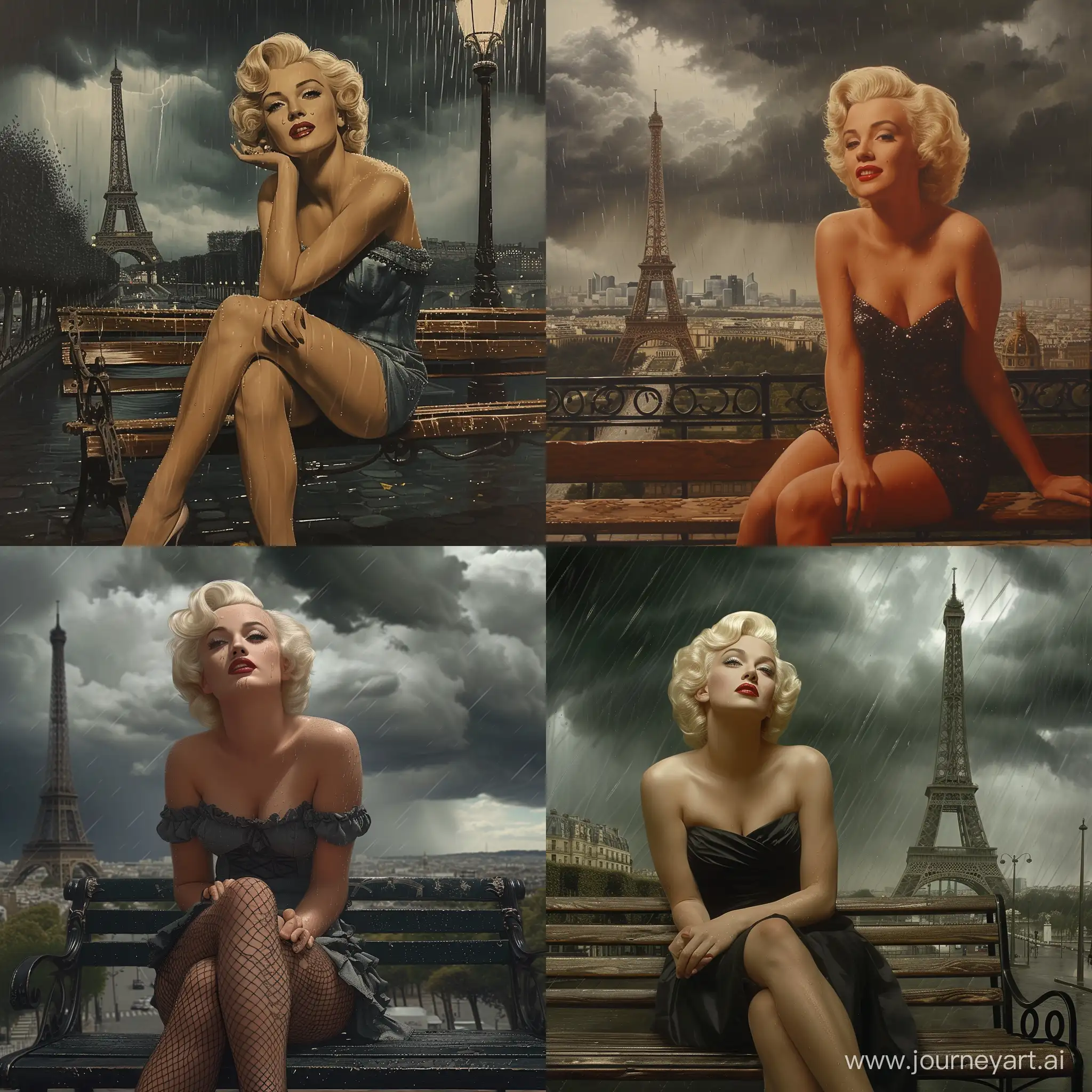 Marilyn Monroe on a Parisian bench On a stormy day, photorealistic,