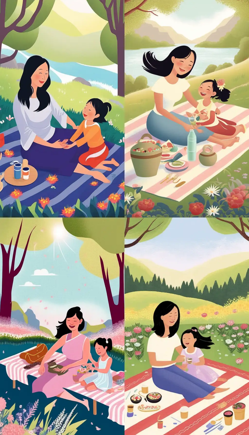 Illustrate a serene Mother's Day scene where a stunning Chinese young mother with her hair cascading down her shoulders shares a blissful laugh with her little daughter. They are sitting on a picnic blanket, surrounded by nature's splendor with flowers, greenery, and dappled sunlight creating a picturesque setting. The illustration should have generous empty space to reflect peace and the simplicity of the precious moment --ar 9:16