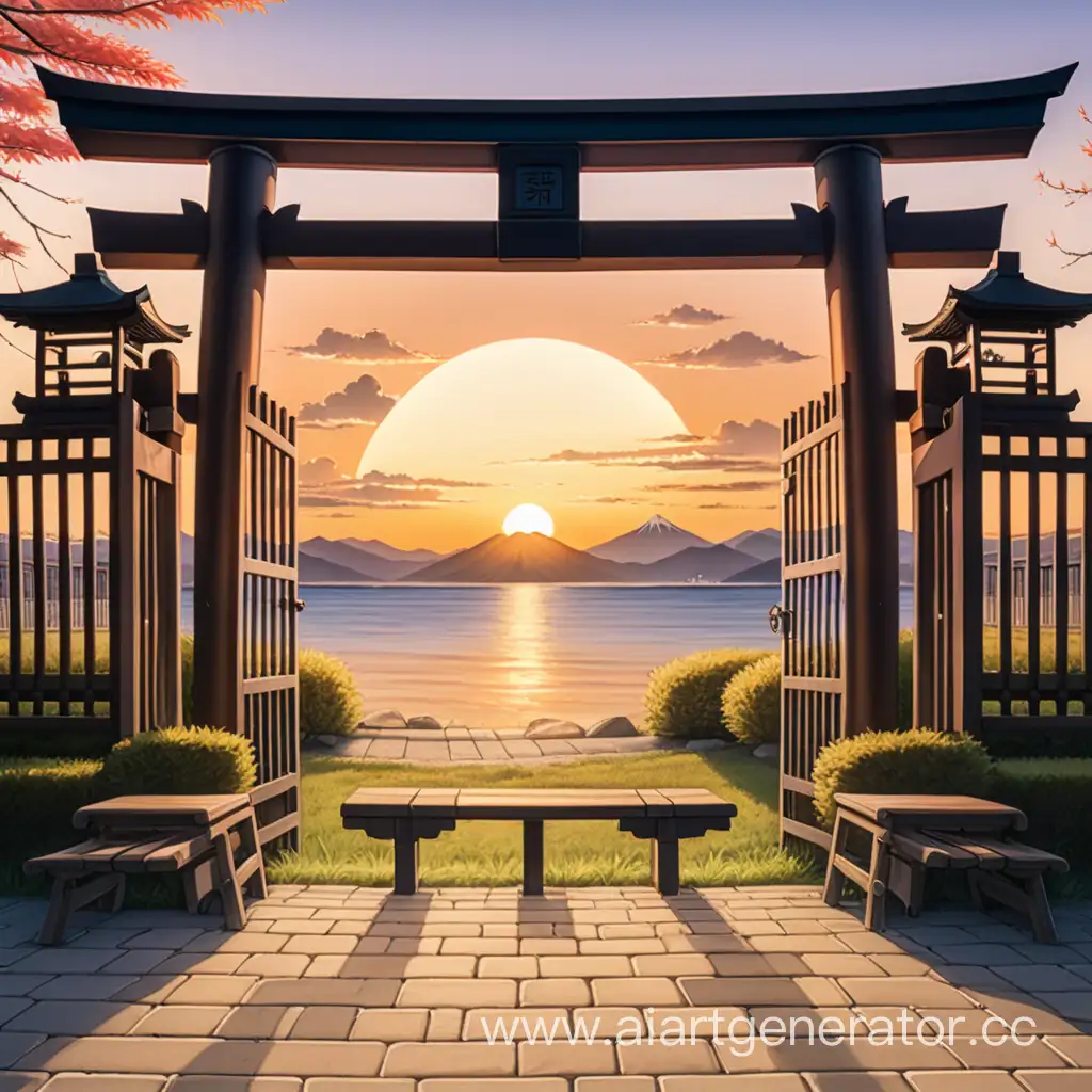Нарисуй картинку на переднем плане японскими воротами и лавочками через которые смотрим на закат стиле аниме