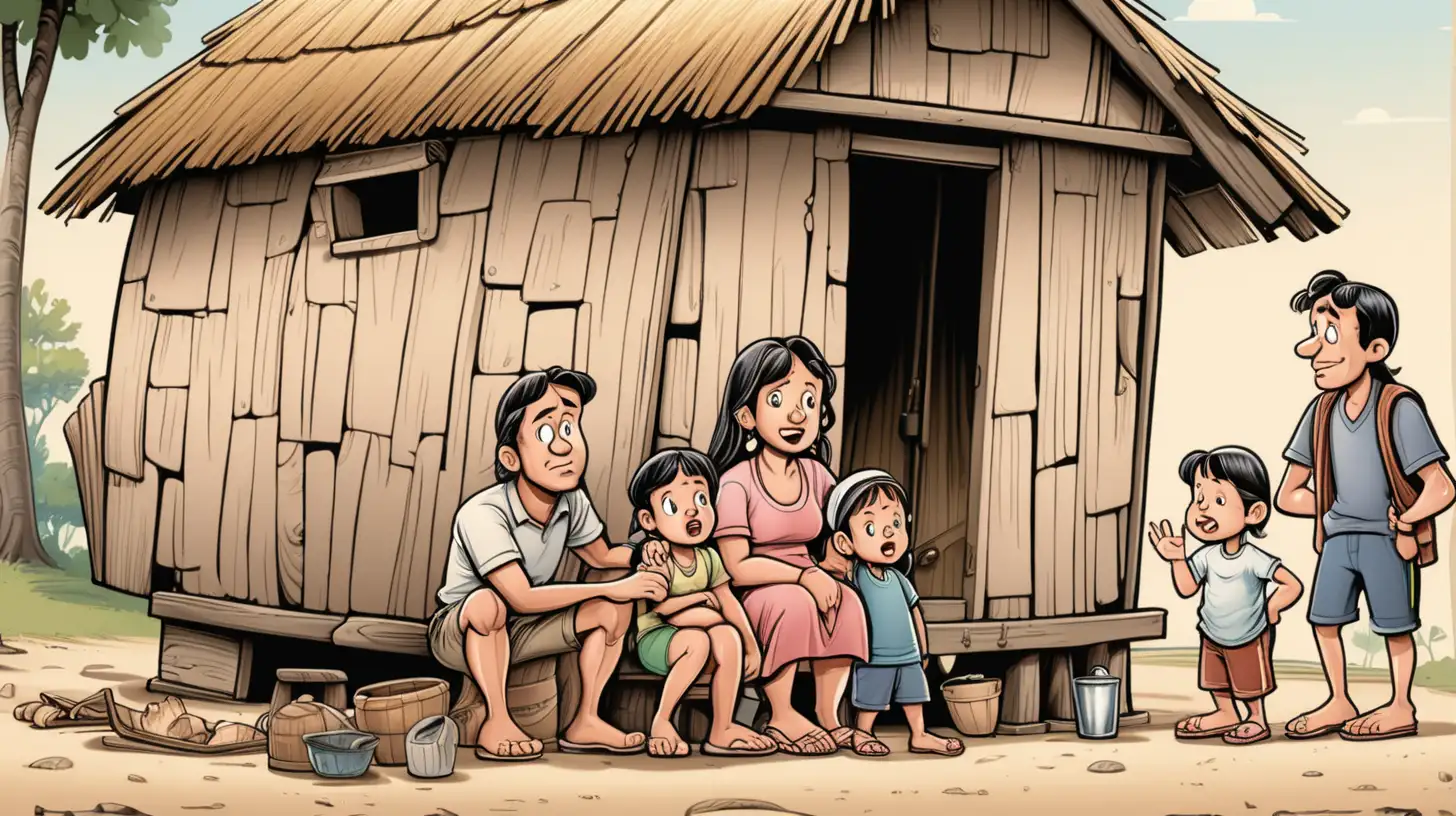 a cartoon poor family having a man, a woman and two kids living in a small hut