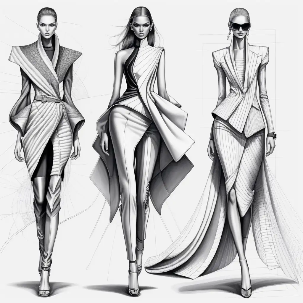 Futuristic Elegance Dynamic Fashion Sketches of Modern Luxury
