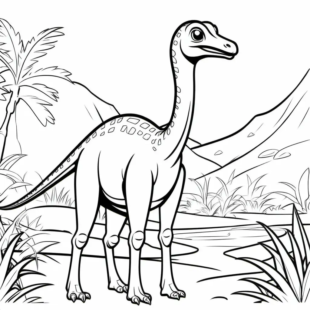 colouring page for kids , colouring page for kids , small size Gallimimus
cartoon style , thick lines , low detail , no shading --r 911,