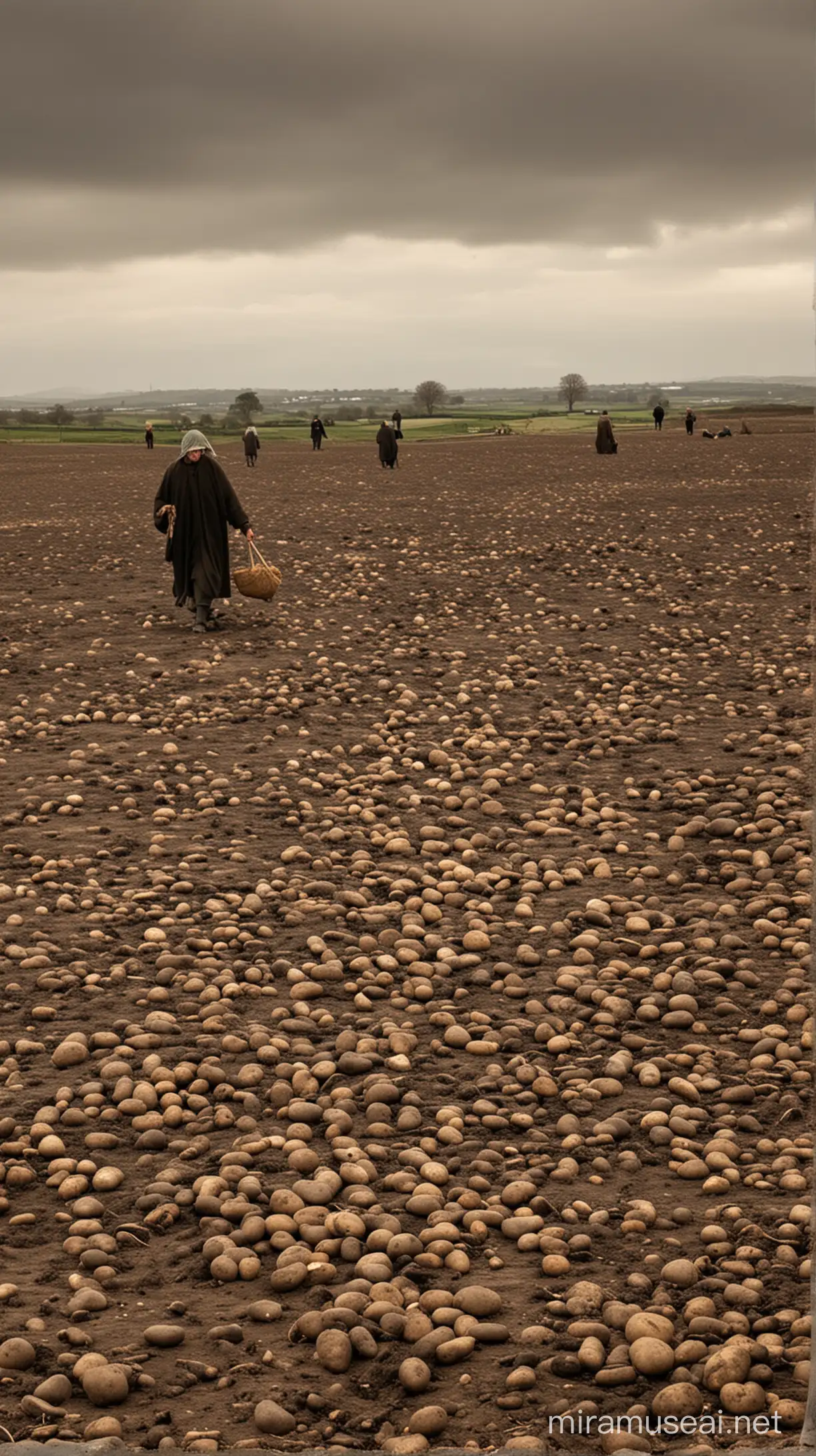 Traces of the Potato Famine: A picture depicting the effects of the potato famine in Ireland; it may include empty fields, starving people, or deceased individuals.

