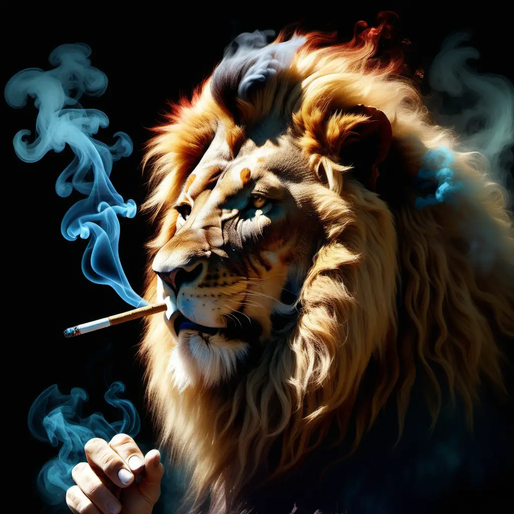 Generate lion smokes cigarette, A portrait of a lion smoking a cigarette, with its mane flowing like smoke, Art by Ilya Repin, Background is abstract or non-existent to emphasize the focus on the lion, The atmosphere is mysterious and captivating, Digital Art, Rendered with high quality and resolution details.