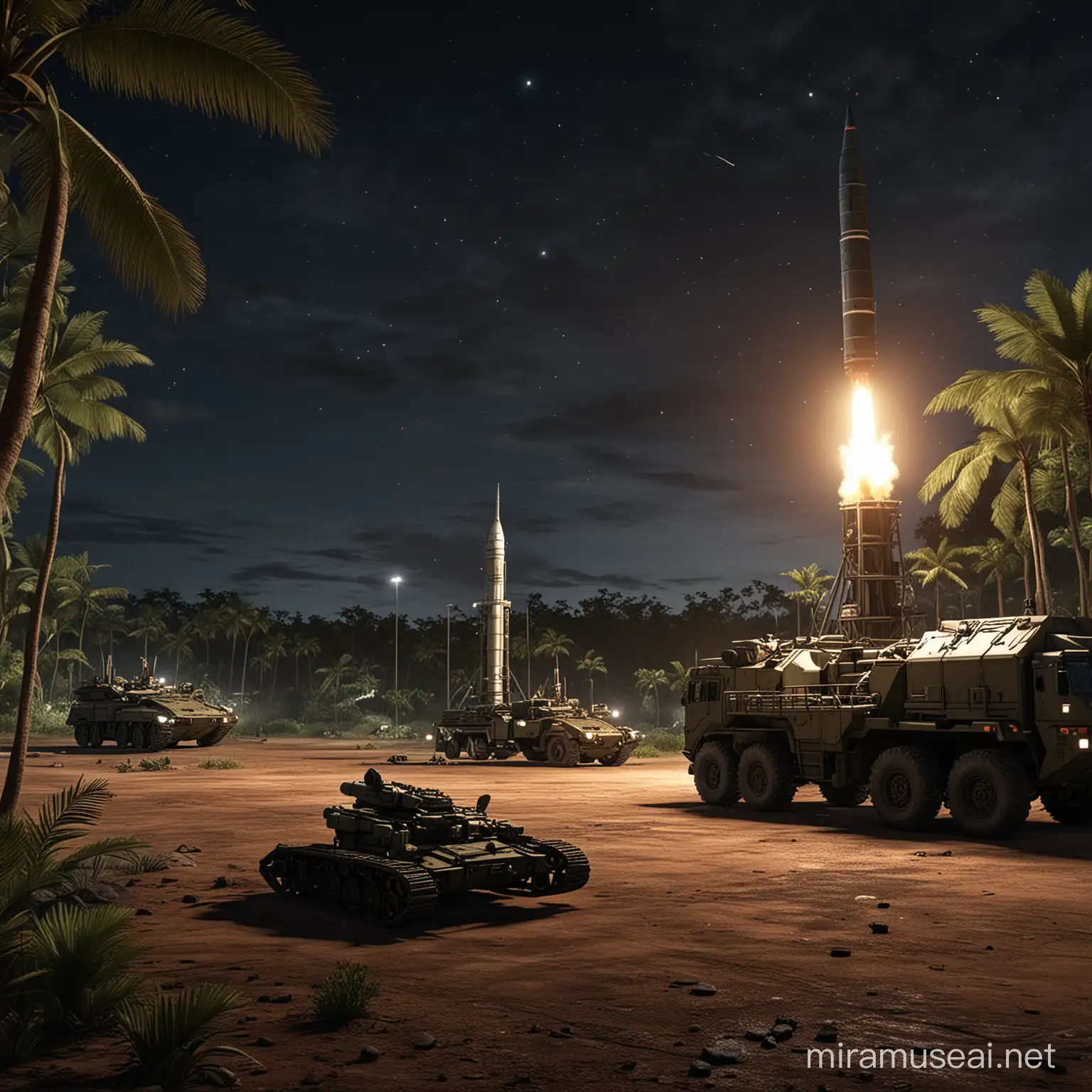 very realistic equipment, missile system launch pad vehicles, in a remote military base, tropical environment, nighttime ambience, HD, realistic