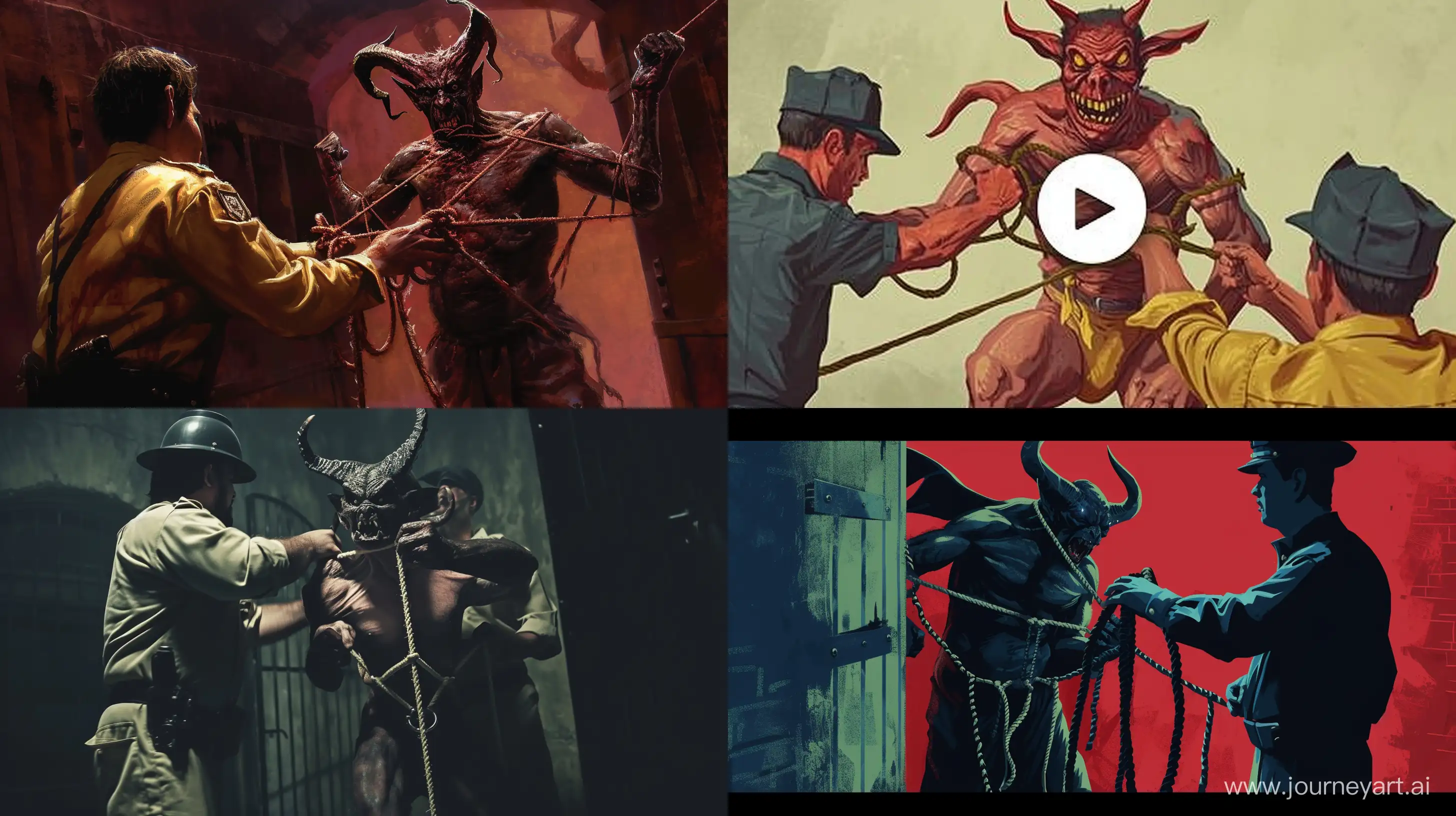 A thumbnail image for YouTube, in which a demon is tied up and a guard is tying him up, --ar 16:9 