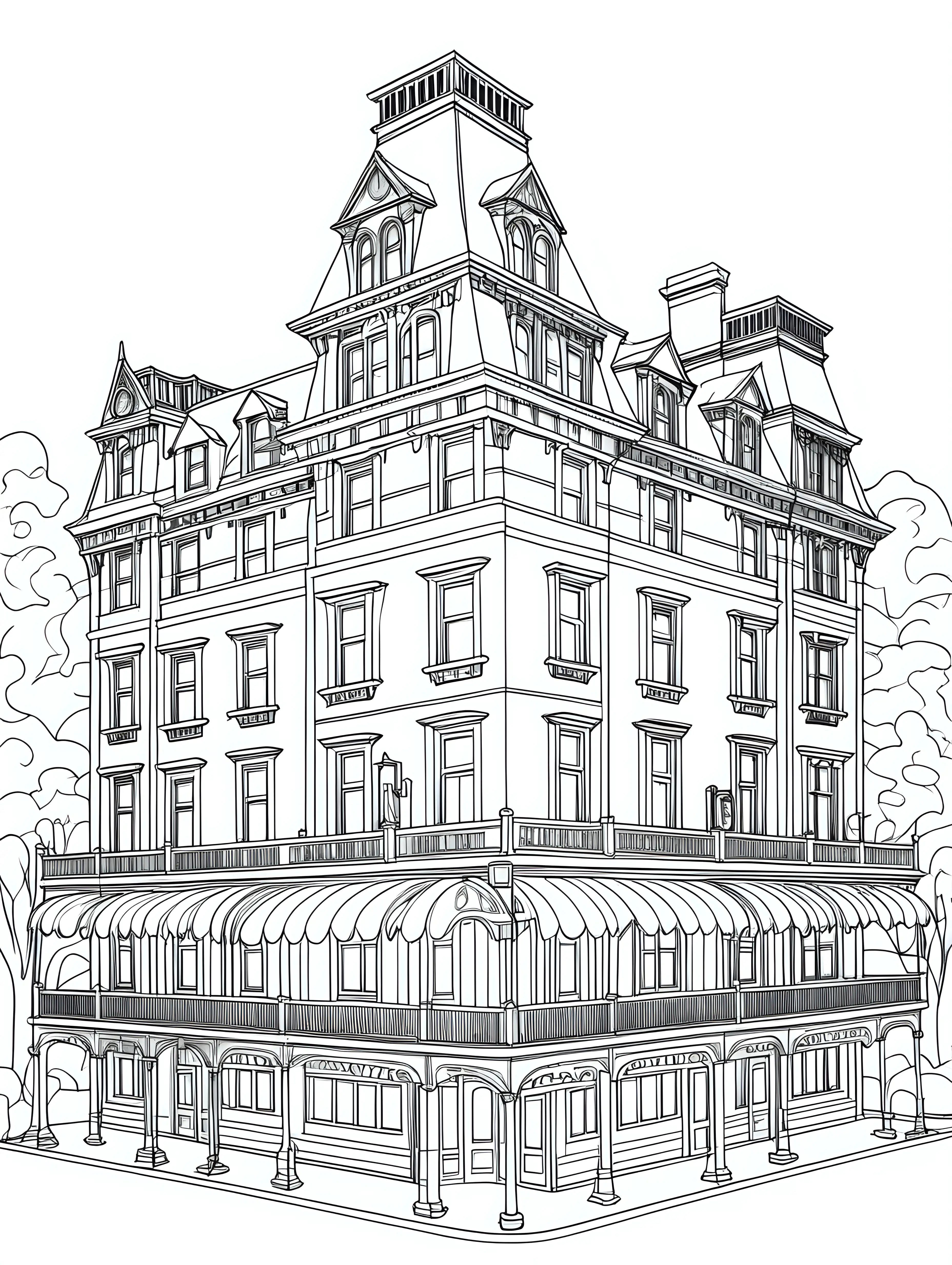 Create a simple line art coloring page featurinig a Victroian Hotel. Emphasize clean and minimalistic thin lines, utilizing a one-line drawing style for an elegant effect. Omit logos and letters from the design. Keep the details simple and minimal, employing a continuous line drawing technique. Ensure the overall aesthetic is minimalist, providing easy-to-color elements that capture the charm of a victorian hotel without unnecessary complexity. The coloring page should reflect the beauty of the scene with simplified details and a user-friendly design