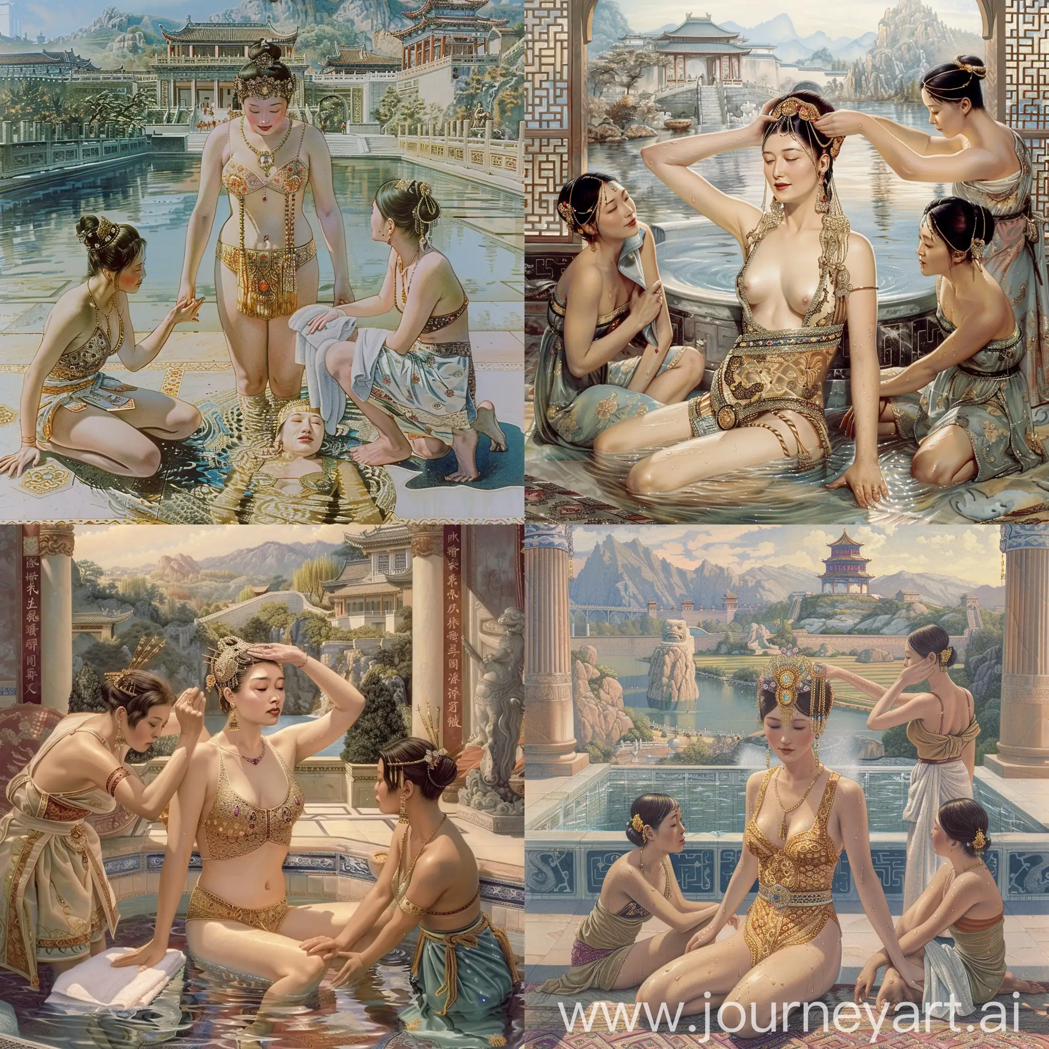 Empress-Wu-Zetian-Swimming-in-Luxurious-Hot-Spring-Surrounded-by-Maids