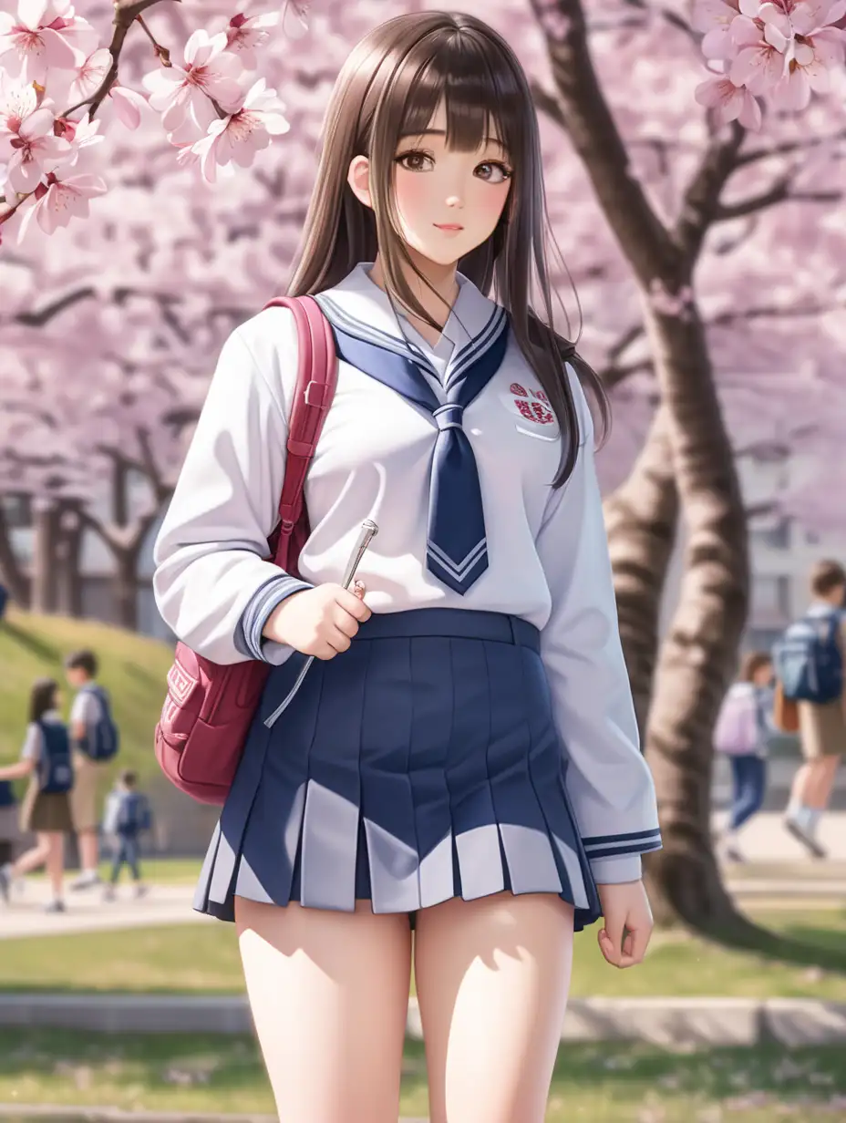 一个穿着校服的女大学生，身材微胖，大腿略粗，神态高冷，在校园里的樱花树下