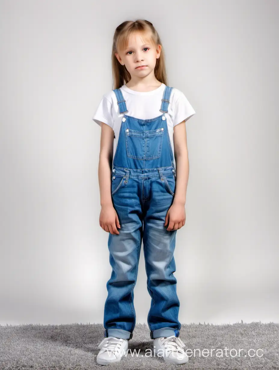 girl. 8 years old, Russian, standing straight, white T-shirt, blue jeans overal, white sneakers, 
gray carpet, white background