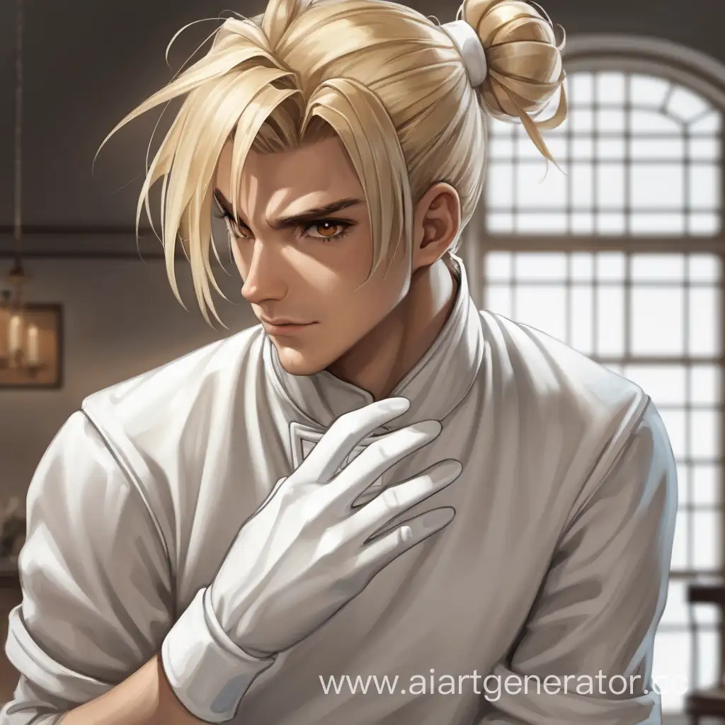 Stylish-Blond-Man-in-White-Ensemble-with-Elegant-Hair-Bun-and-Gloves