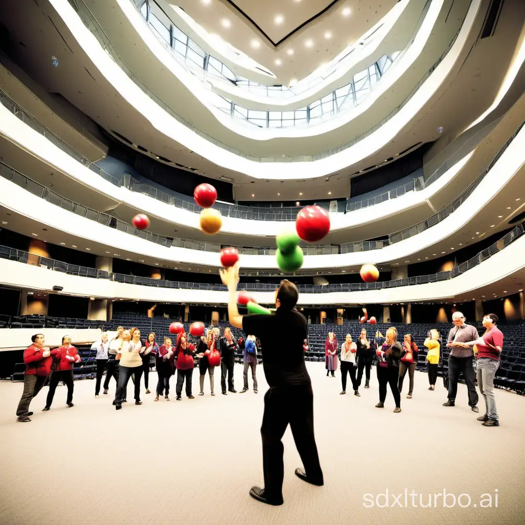 100 People learning how to juggle  in samall groups in a meeting convention center

