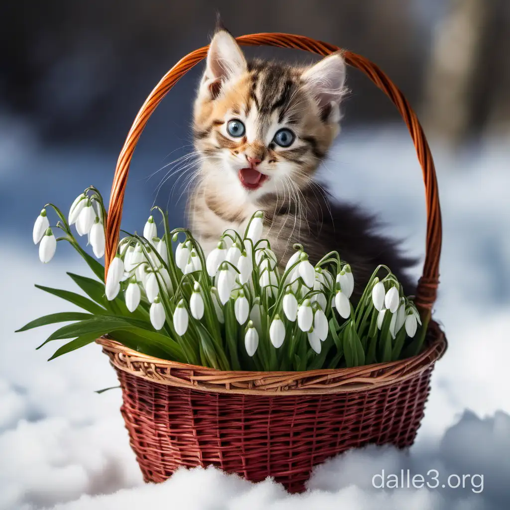 The kitten smiles, holding a basket of snowdrops in its paws.