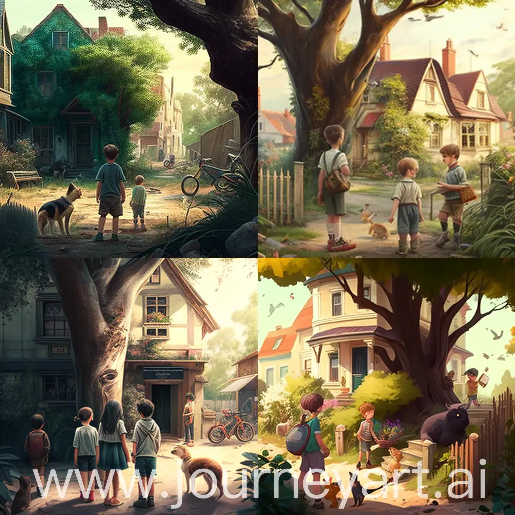 Children-Playing-in-Lively-Village-with-Trees-and-Pets