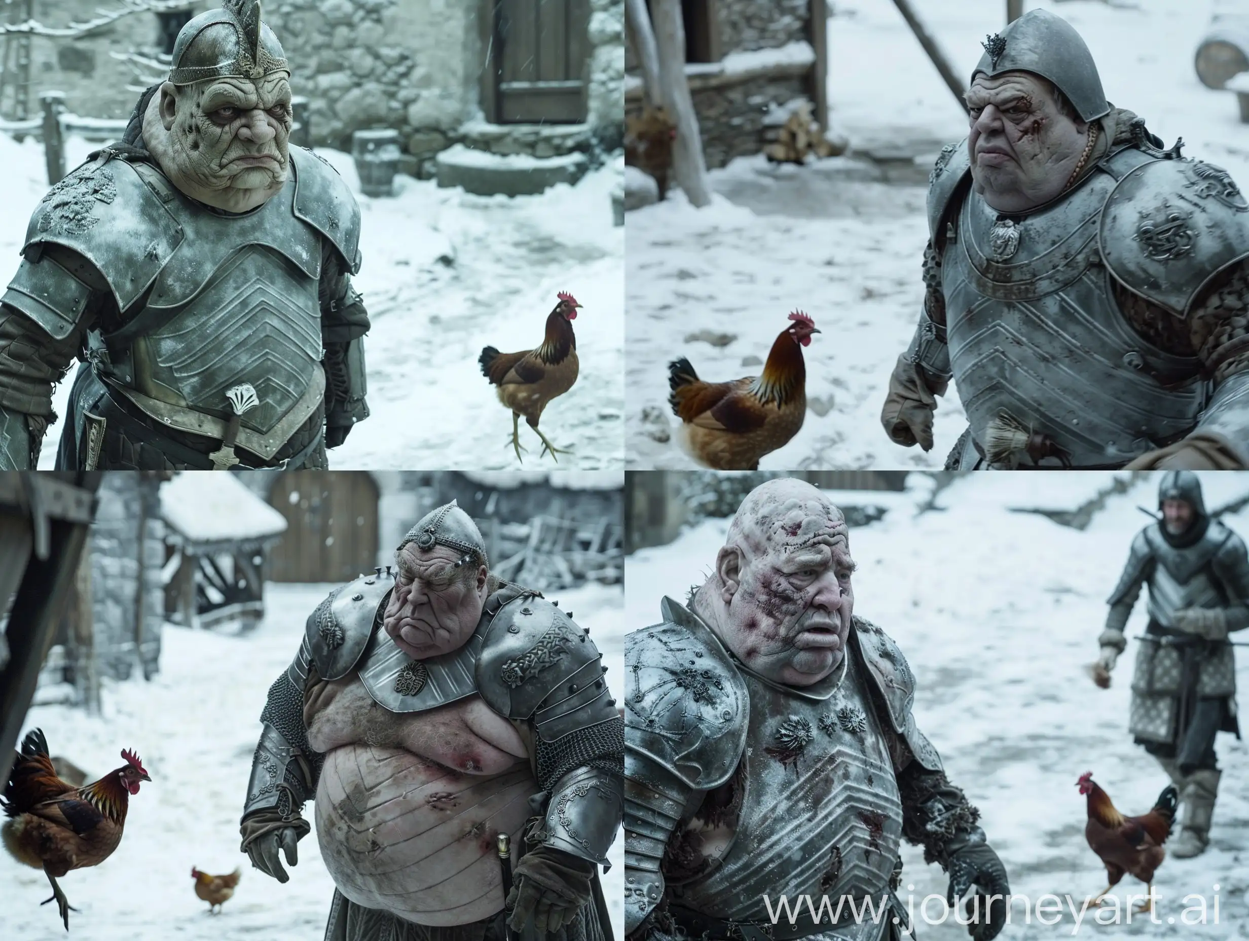 Ramsey Bolton in the Game of Thrones series, Ramsey Bolton is very fat, Ramsey Bolton's face and body are very fat, Ramsey Bolton is wearing the armor and helmet of his Winterfell soldier, Ramsey Bolton is in the snow-covered yard of Winterfell, Ramsey Bolton is looking for a chicken. does, the chicken is running away from Ramsey Bolton, the camera follows the fat Ramsey Bolton from the side, the camera captures him walking, the style of witcher, the lighting is classic style, realistic, clear, q2
