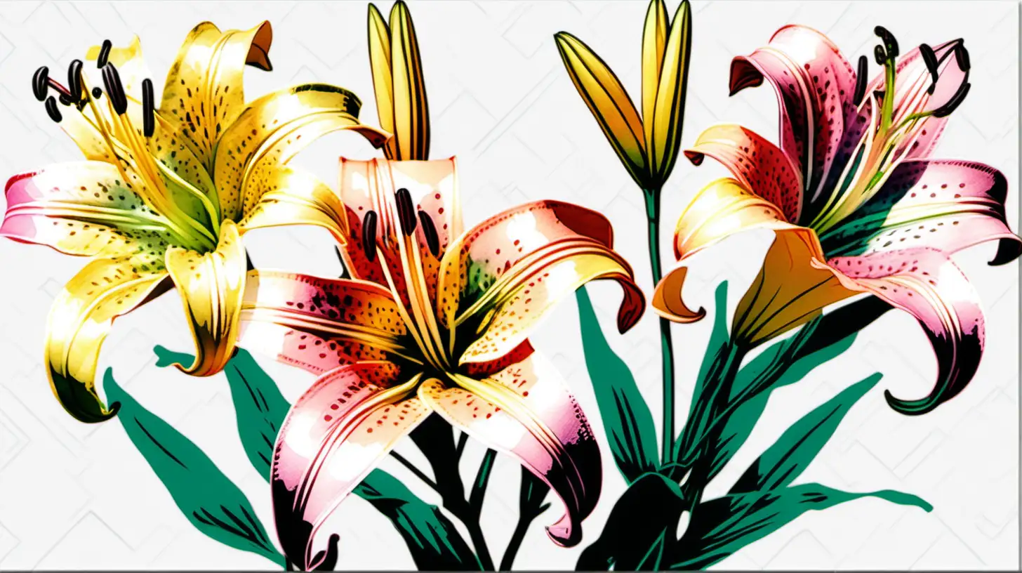 Pastel Watercolor Oriental Lily Flowers Clipart on White Background Andy Warhol Inspired Art