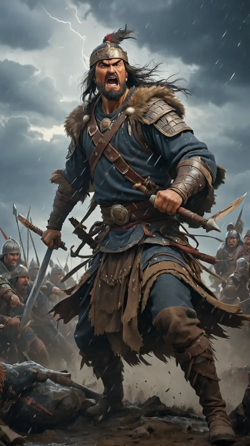 Atila the hun, show Atila the Hun, conquering during the battle.  Scene dramatic and cinematic with bad storm
