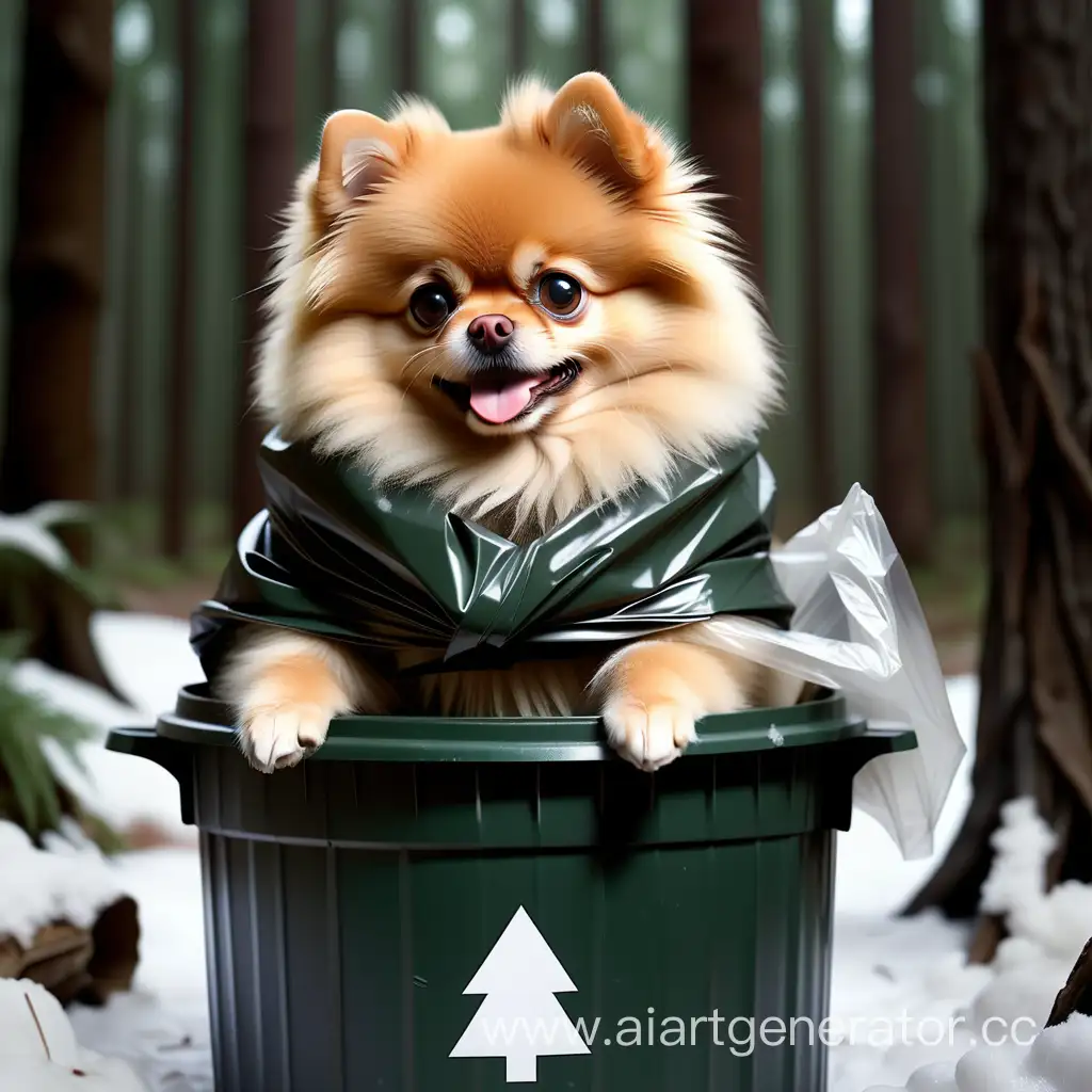 A Pomeranian, in a trash can, wrapped in bin bags, in a forest, snow, cold, dark