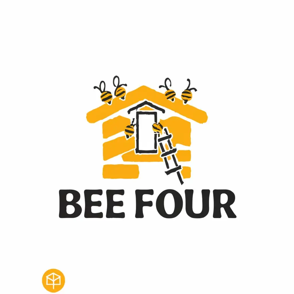 a logo design,with the text 'Bee Four', main symbol:house half brick, half smooth. Step ladder on brick side. Add four small bees in the top right corner ,Minimalistic,be used in Construction industry,clear background