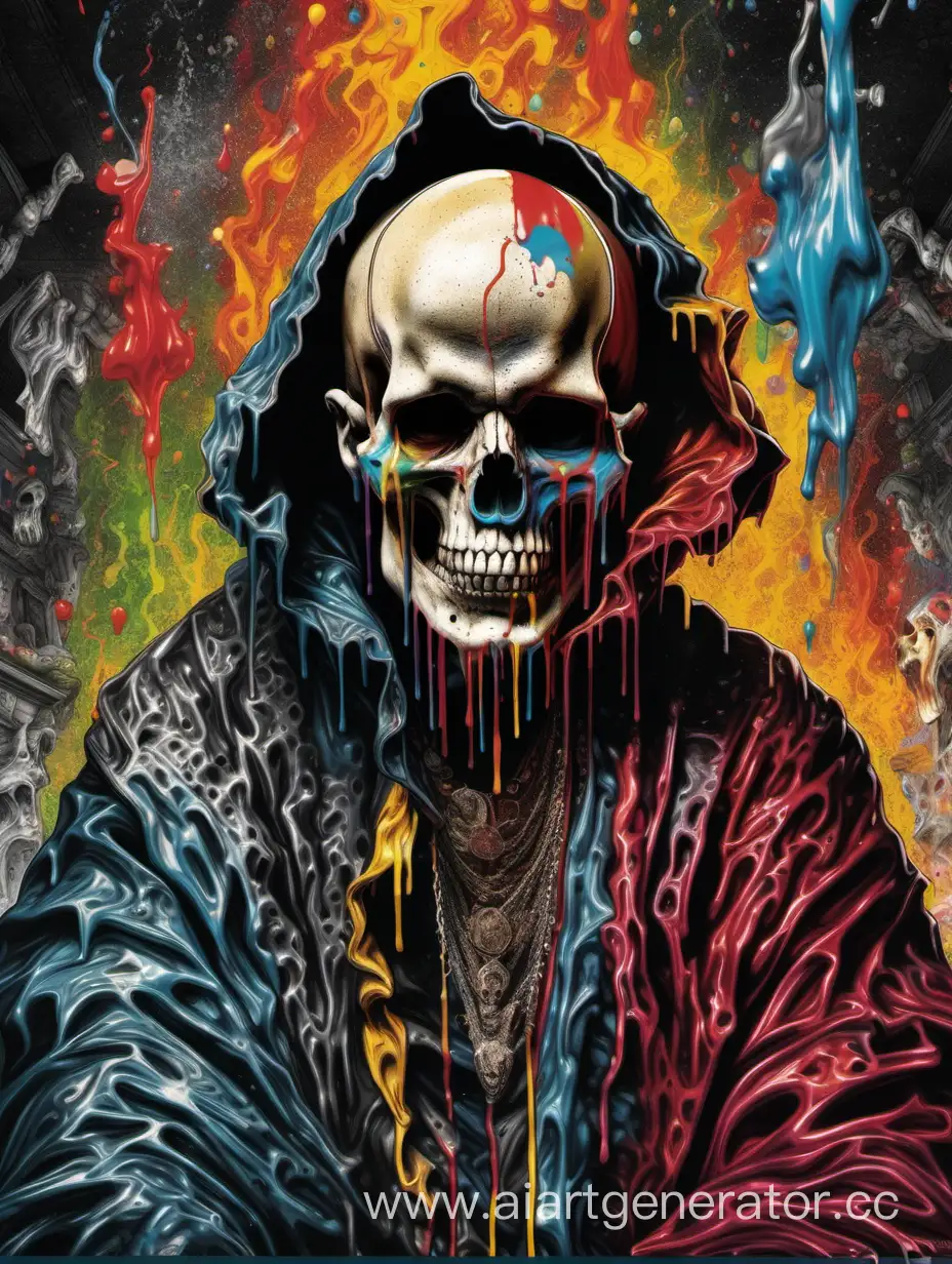 skull monk,  crazy skull , assimetrical, Peter paul rubens poster, hiperdetailed, multicolored, dripping colors