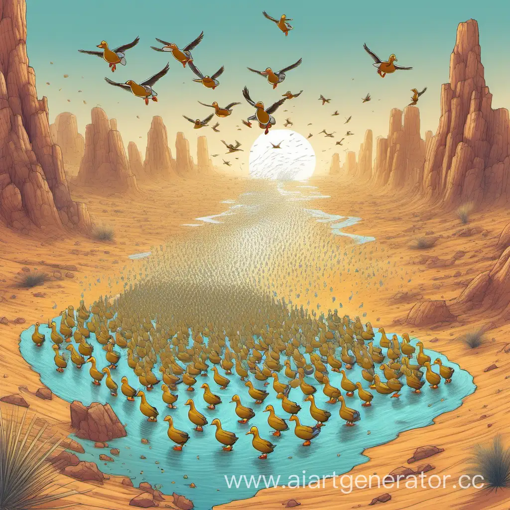 огромная армия разумных уток, состоящих из воды, управляемая с помощью волшебного клинка летит по пустыне