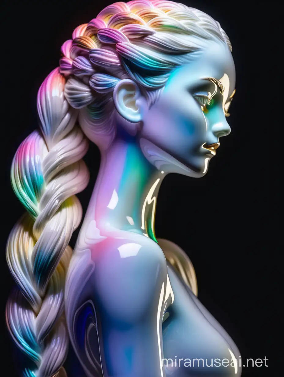 Produce a white shiny iridescent neon colored porcelain figure of a beautiful curvy feminine woman
Strong expression dynamic
Slightly braided hair 
portrait
Black background