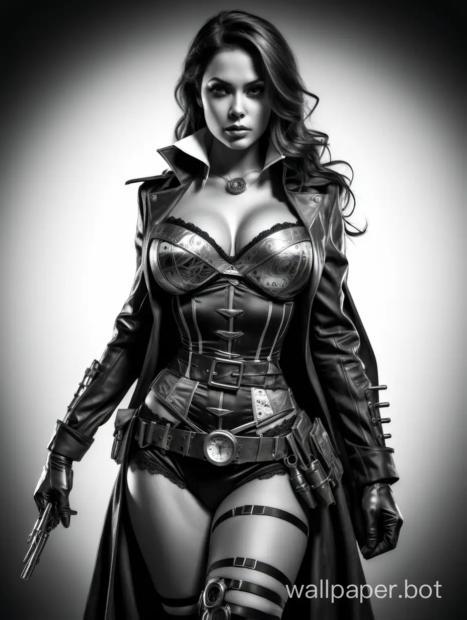 Superwoman, in lingerie, hired assassin, 4k photo, black and white sketch, white background, steampunk style