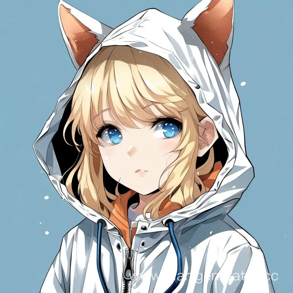 A child in a raincoat with cat ears, blue-eyed blonde, milota, portrait, white raincoat , anime 2d style