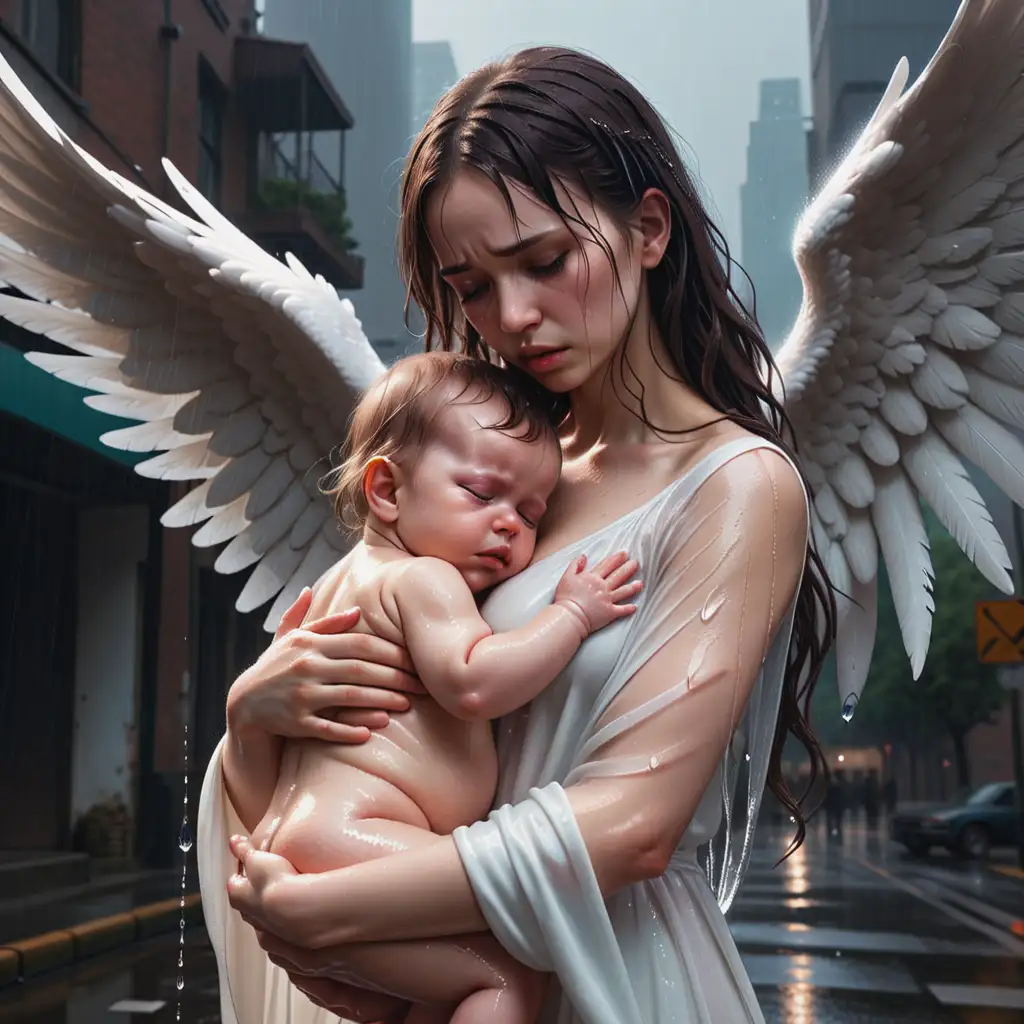 gorgeous Angel Weeping holding an infant, dystopian, dynamic pose, album art, cover art shiny, booru, raining, ultra realistic, Dark, attention to detail, hands detailed