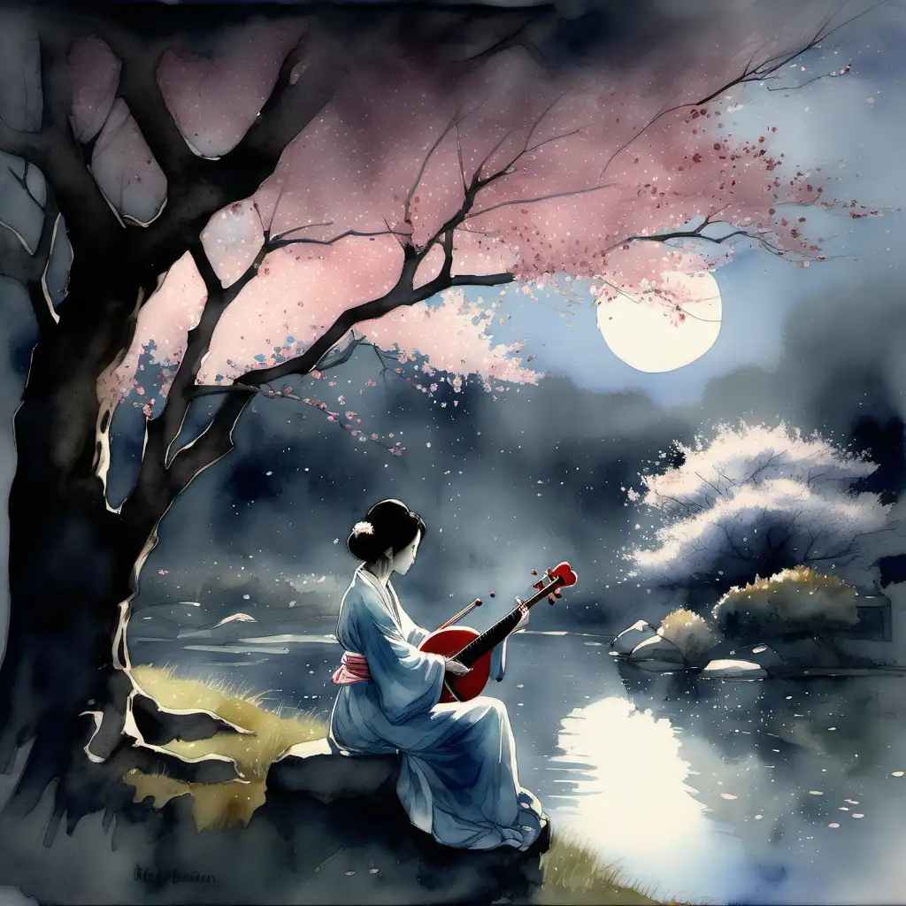 Amidst a tranquil garden bathed in the soft glow of the moon, a lone woman sits beneath a cherry blossom tree. The gentle strumming of a shamisen fills the air, weaving a melancholic melody that resonates with her soul. With a wistful gaze, she reflects upon her journey, feeling the weight of unfulfilled dreams. As cherry blossom petals dance around her in the moonlight, they symbolize the fleeting nature of time and the beauty of impermanence. Capture the poignant scene in a watercolor painting, where the woman's sorrowful expression and the ethereal atmosphere of the moonlit garden are intertwined with the delicate blossoms, evoking a sense of longing and introspection.