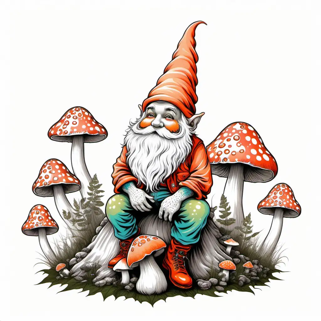 psychedelic illustration of a gnome with peach skin and a white beard sitting on a spotted mushroom with a white background