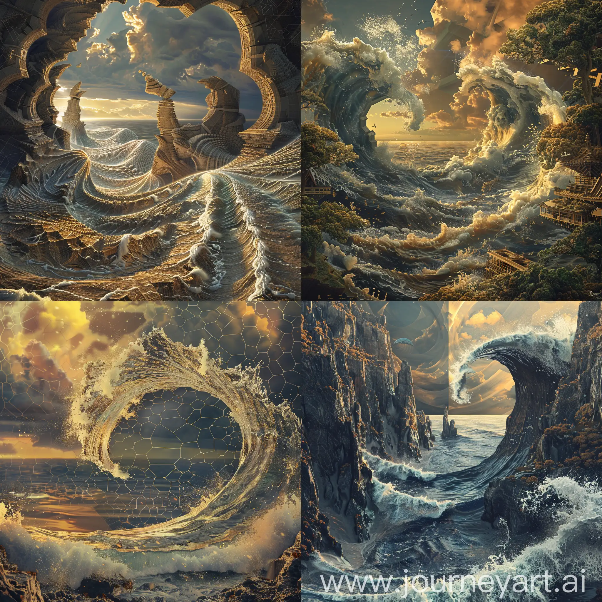 A stunning visual of a theme "waves of never ending thoughts", picturesque, intricately detailed, golden ratio in the composition, photorrealistic scene, A very well crafted, detailed, subtle smooth color tone, Euclidian world background